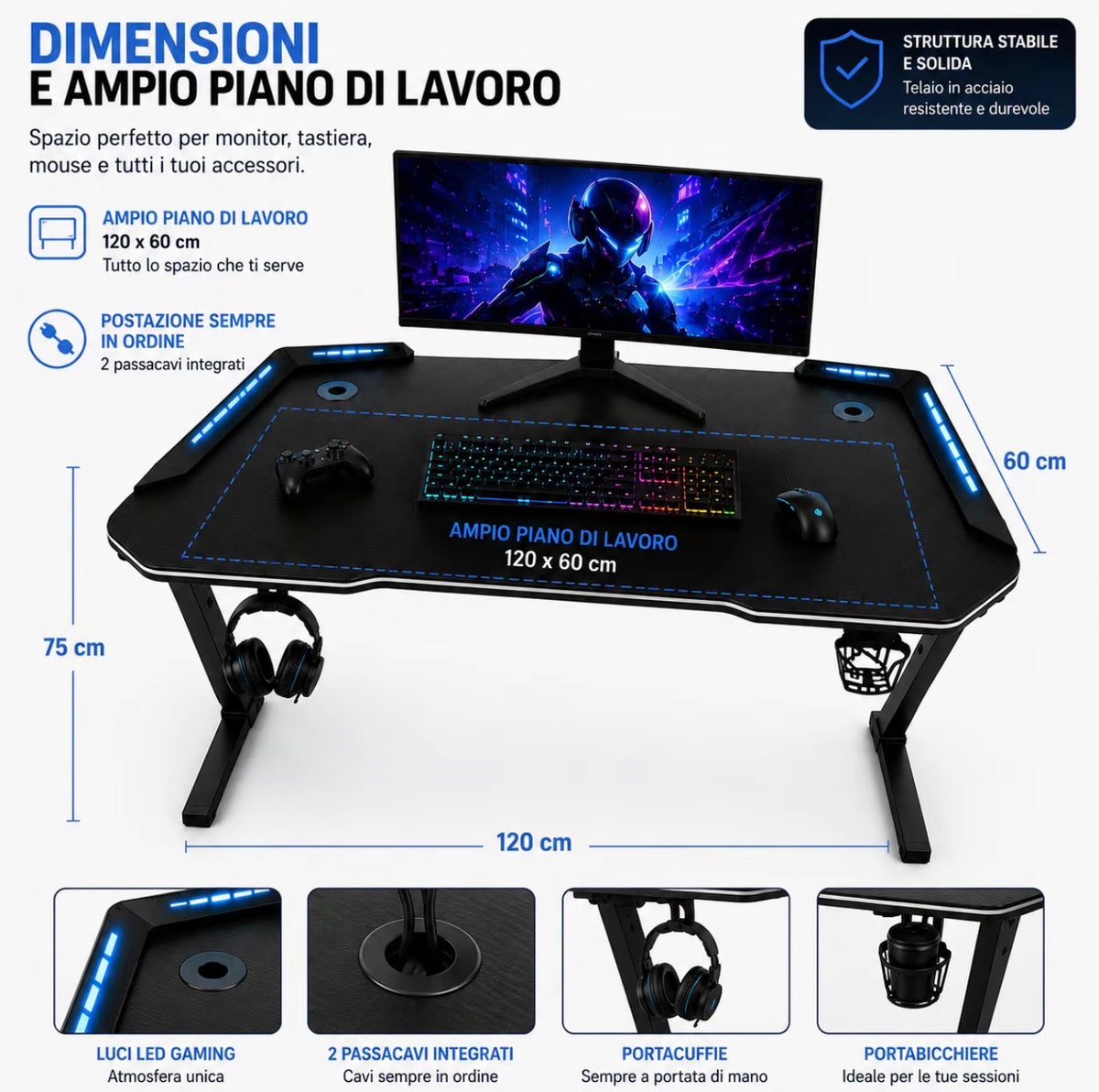 Scrivania Gaming 120x60 cm con Luci LED RGB, Tavolo da Gaming per PC e Console, Struttura in Acciaio, Portacuffie e Portabicchieri, 2 Passacavi, Capacità di Carico 100 kg 4