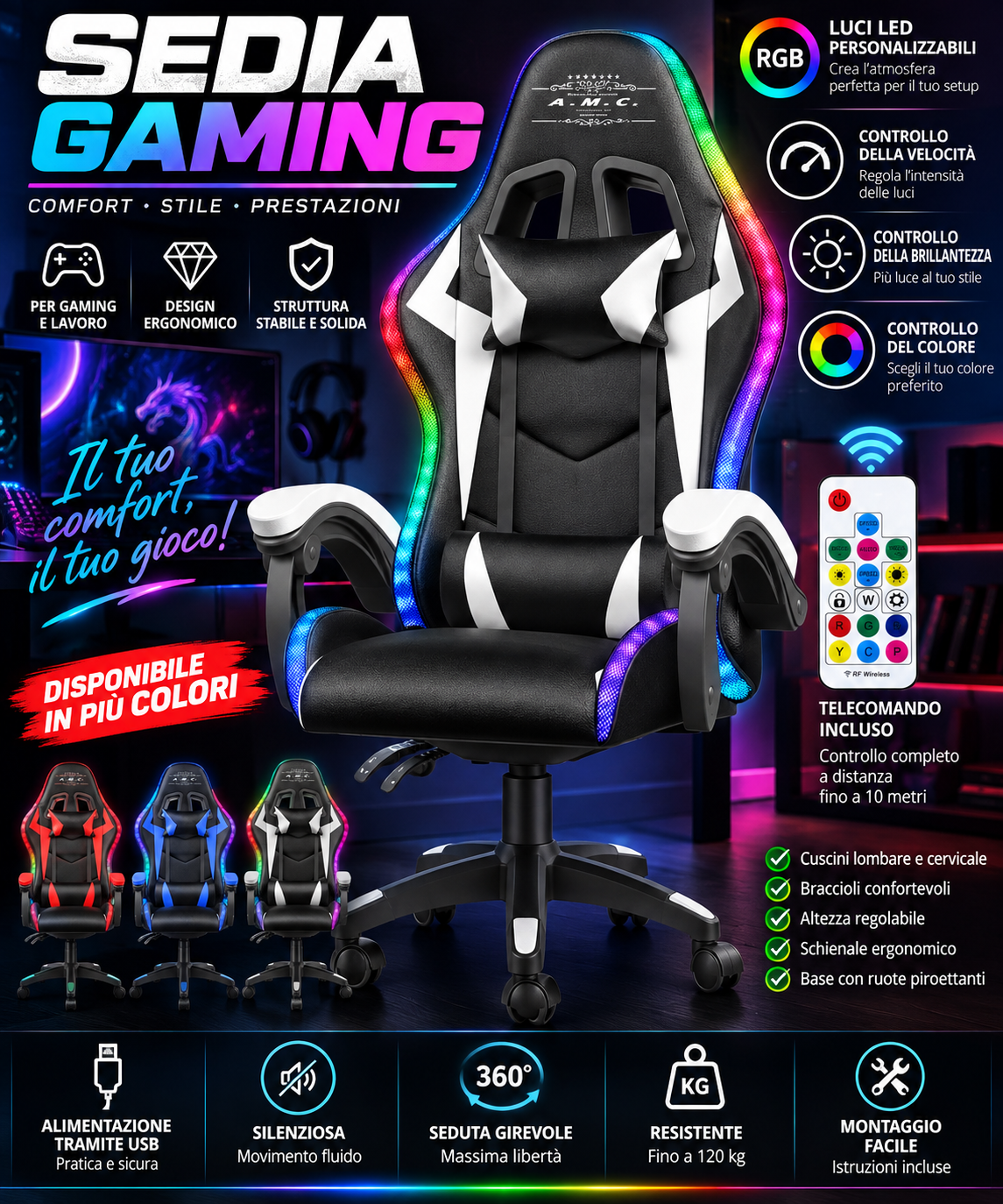 Sedia Gaming RGB LED con Telecomando, Poltrona da Gaming Ergonomica per PC e Console, Altezza Regolabile, Cuscini Lombare e Cervicale, Braccioli, Base Girevole 360°, USB 4