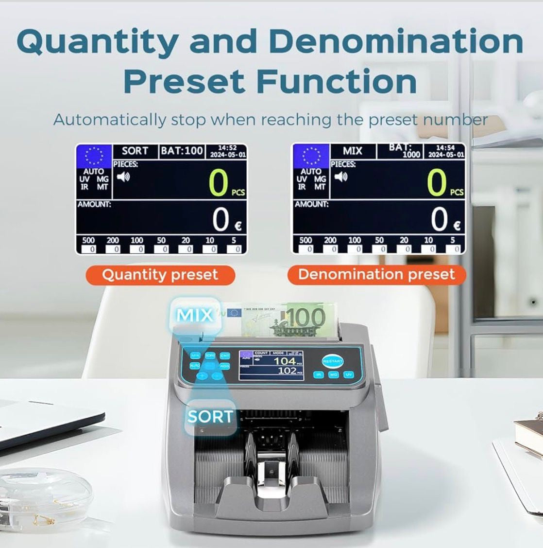 Bonvoisin Conta Banconote Professionale, Conteggio del Valore per Denominazioni Miste in EUR, Macchina Conta Soldi con Rivelazione di Falsi UV/MG/IR/MT/DD, Contabanconote 1000 Banconote/Min (EU)