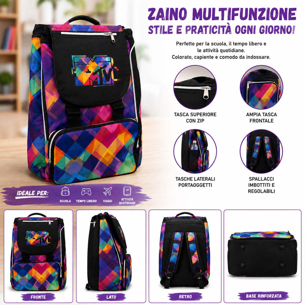 Zaino MTV Multicolore Uomo Donna – Zaino Casual e Tempo Libero con Tasche Frontali e Laterali, Chiusure con Cerniera e Spallacci Regolabili Imbottiti