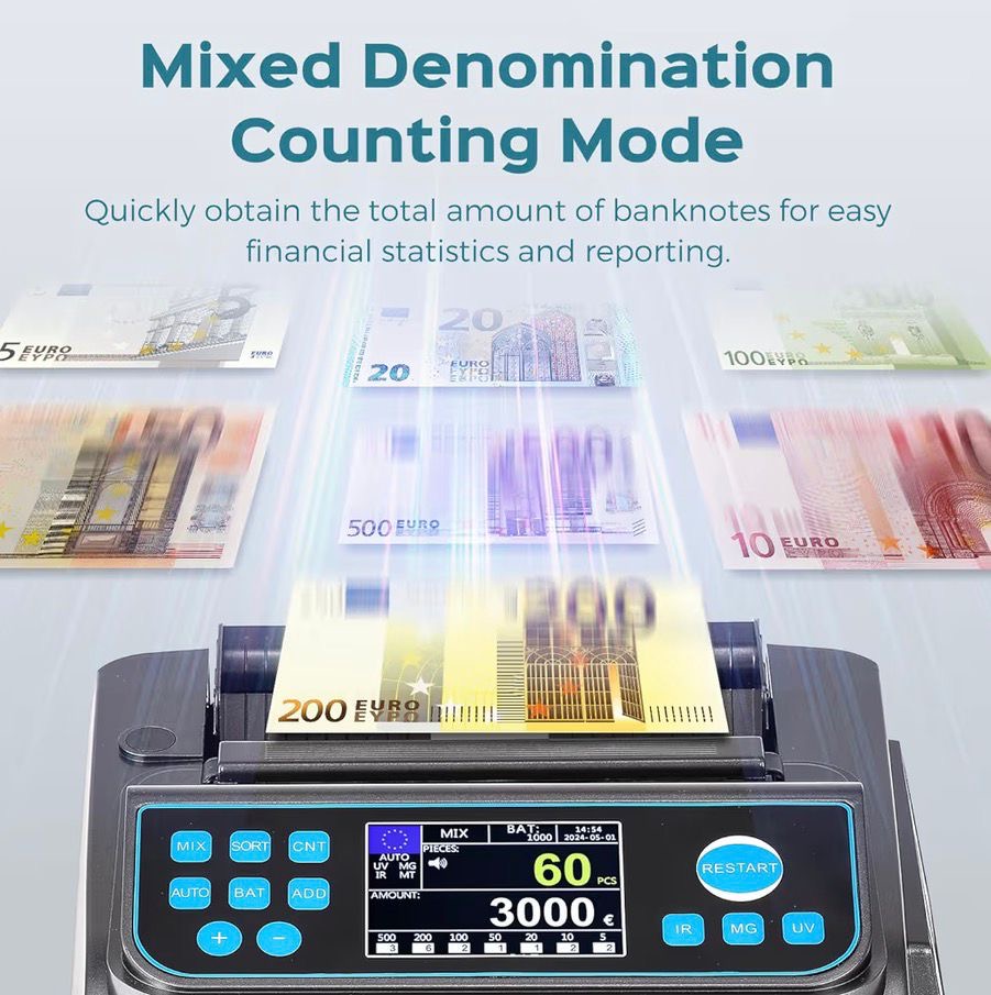 Bonvoisin Conta Banconote Professionale, Conteggio del Valore per Denominazioni Miste in EUR, Macchina Conta Soldi con Rivelazione di Falsi UV/MG/IR/MT/DD, Contabanconote 1000 Banconote/Min (EU)