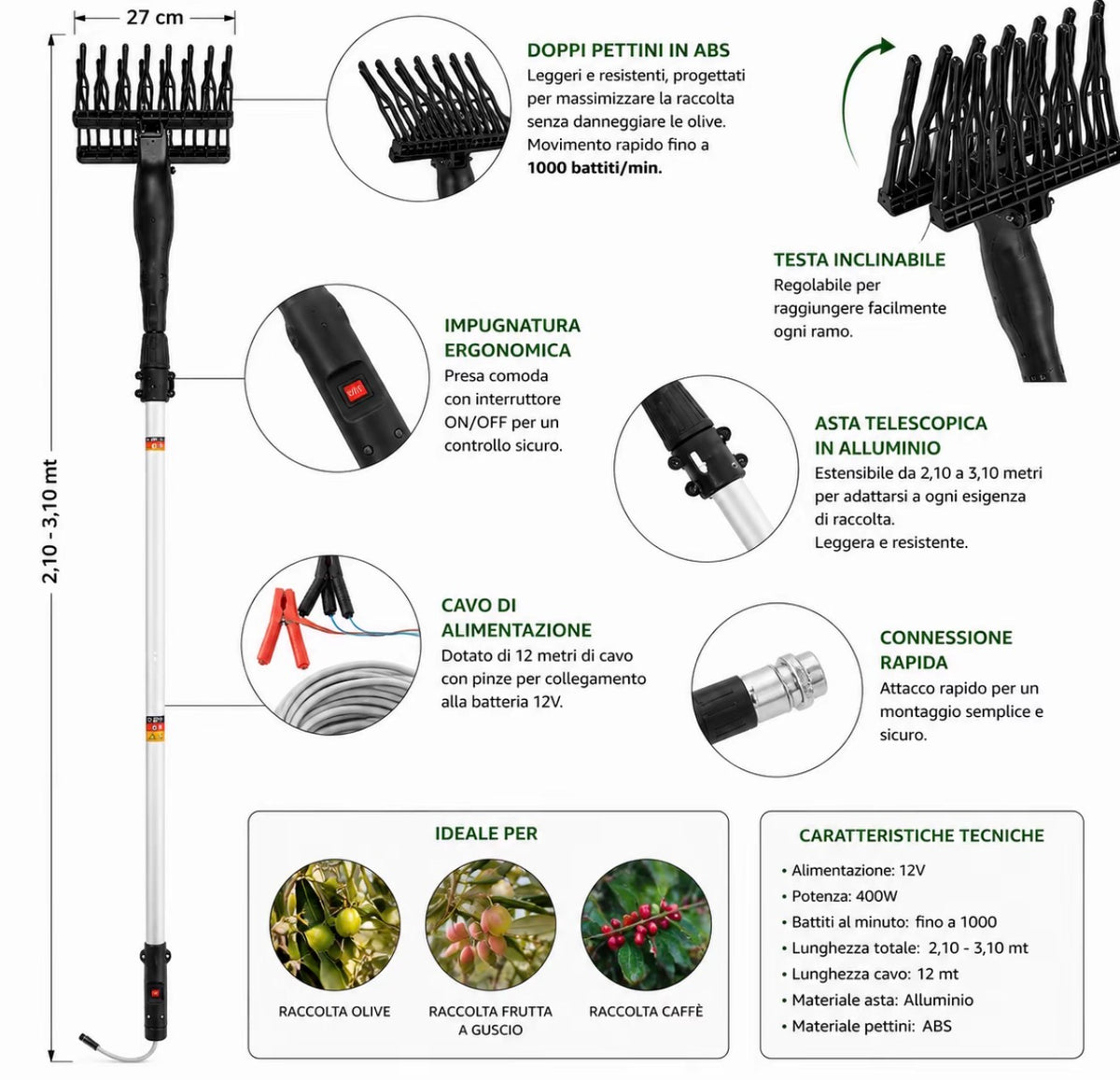 Abbacchiatore Elettrico Scuotolive 12V 400W, Fino a 1000 Battiti/Min, Asta Telescopica in Alluminio 2,10–3,10 m, Pettini in ABS, Cavo 12 m con Pinze, Raccoglitore per Olive e Frutta 4