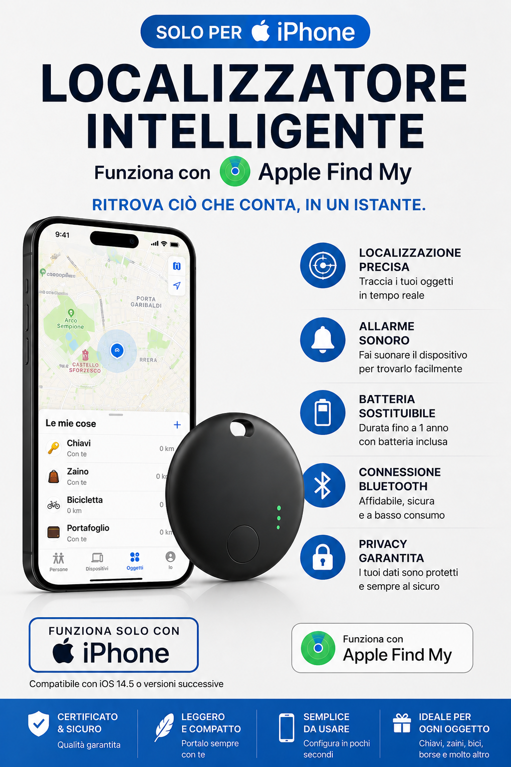 2 pezzi Localizzatori Bluetooth Intelligente per iPhone – Compatibile con Apple Dov’è (Find My), Tracker per Chiavi, Zaini, Borse, Valigie e Biciclette, Batteria Sostituibile, Allarme Sonoro
