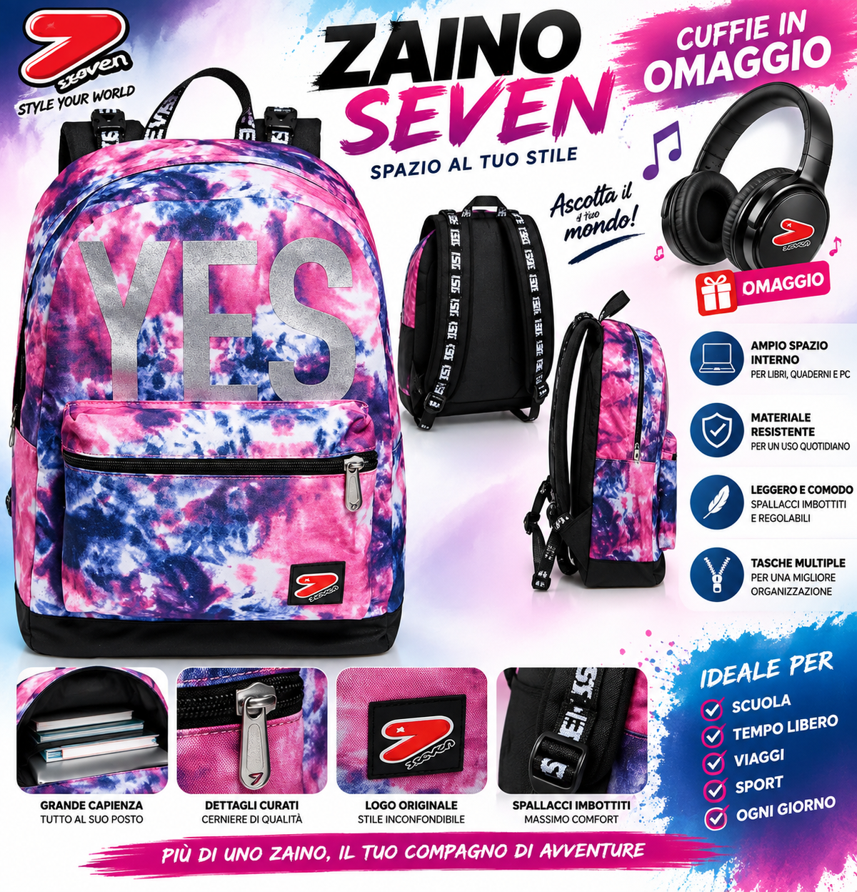 Zaino Seven YES Tie-Dye – Zaino Scuola Multiscomparto + Cuffie in Omaggio