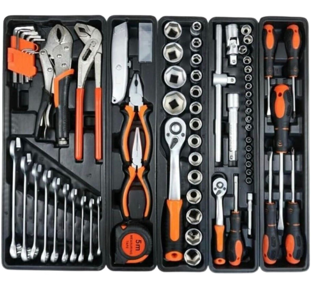 A.M.C. Cassetta Attrezzi Chiavi Completa con 85 Pezzi in Metallo Cassetta Porta Utensili Organizer per Attrezzi Resistente Pieghevole con Occhiello per Lucchetto per Fai da Te Meccanico Elettricista