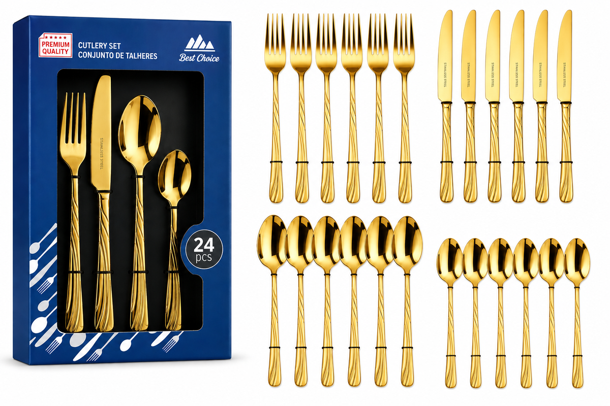 Servizio Posate 24 Pezzi in Acciaio Inox – Set Completo 6 Forchette, 6 Coltelli, 6 Cucchiai e 6 Cucchiaini, Finitura Dorata Elegante, Design con Manico Decorato 1