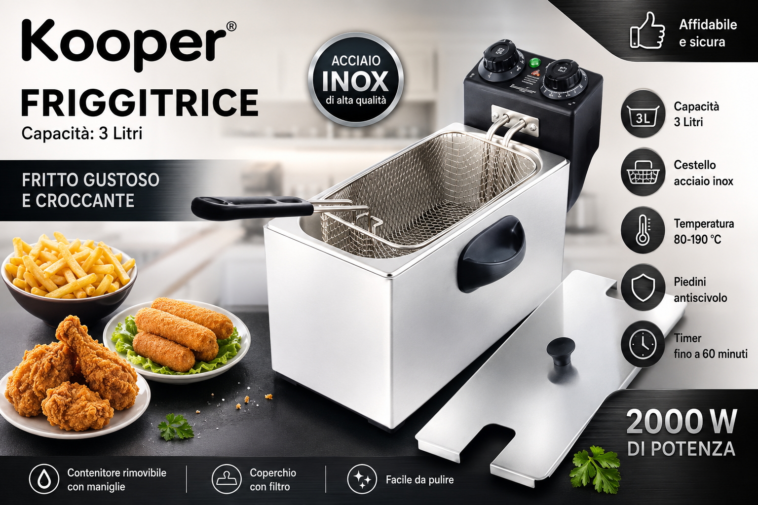 🍟 Friggitrice Elettrica Kooper 3 Litri – 2000W in Acciaio Inox 1