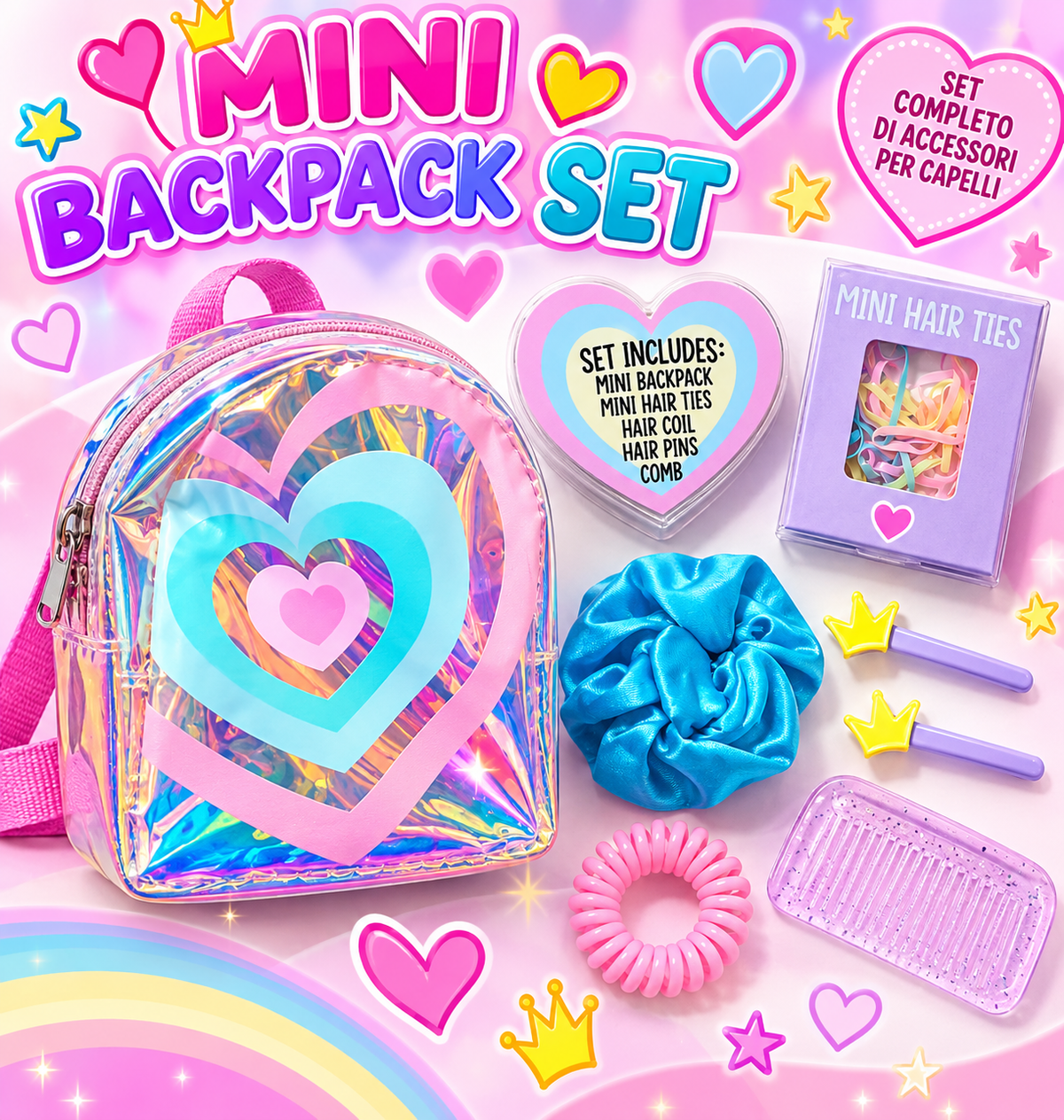 Mini Backpack Set Bambina – Zainetto Glitter + Accessori Capelli 1