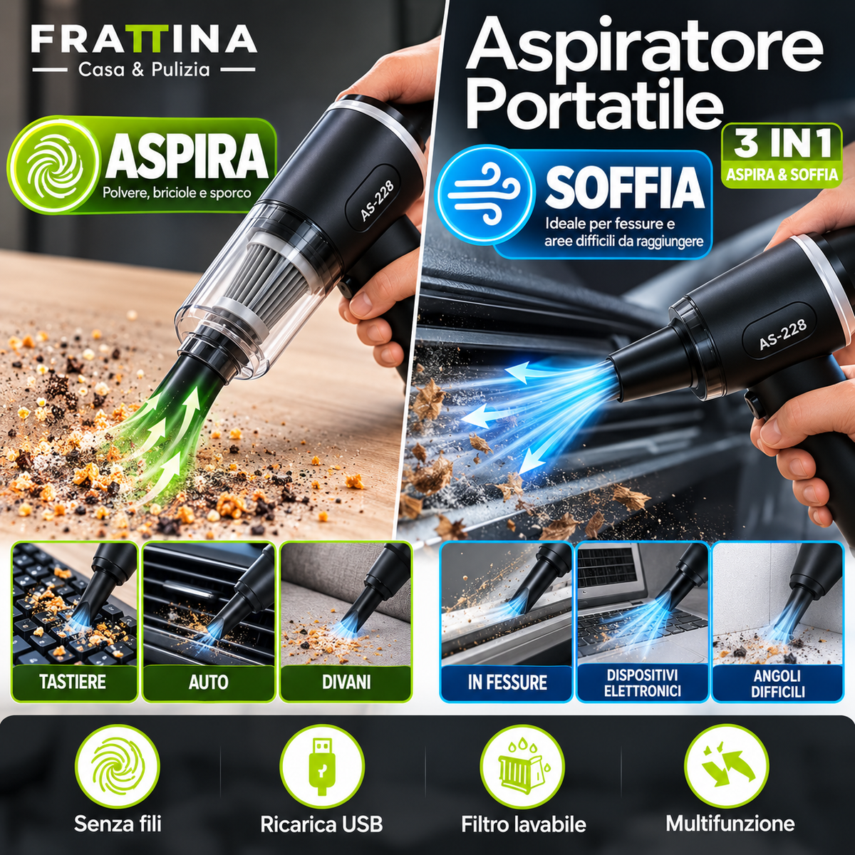 Aspiratore Portatile 3 in 1 Senza Fili – Aspira e Soffia con Accessori Inclusi 2