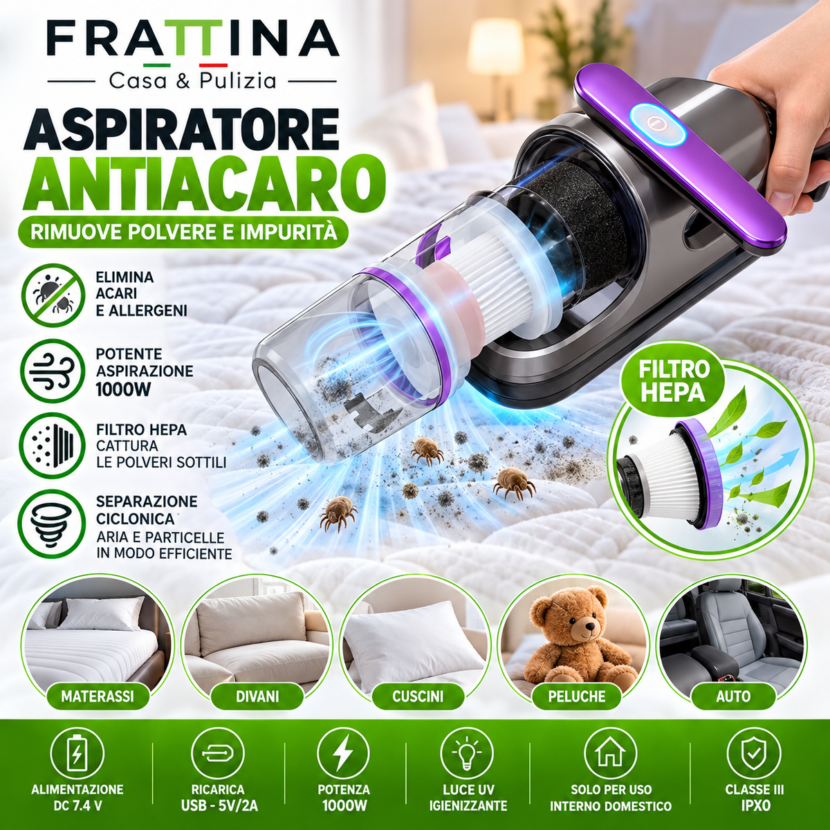 Aspiratore Antiacaro UV-C per Materassi, Divani, Cuscini e Tessuti – Pulizia Profonda ad Alta Potenza 2