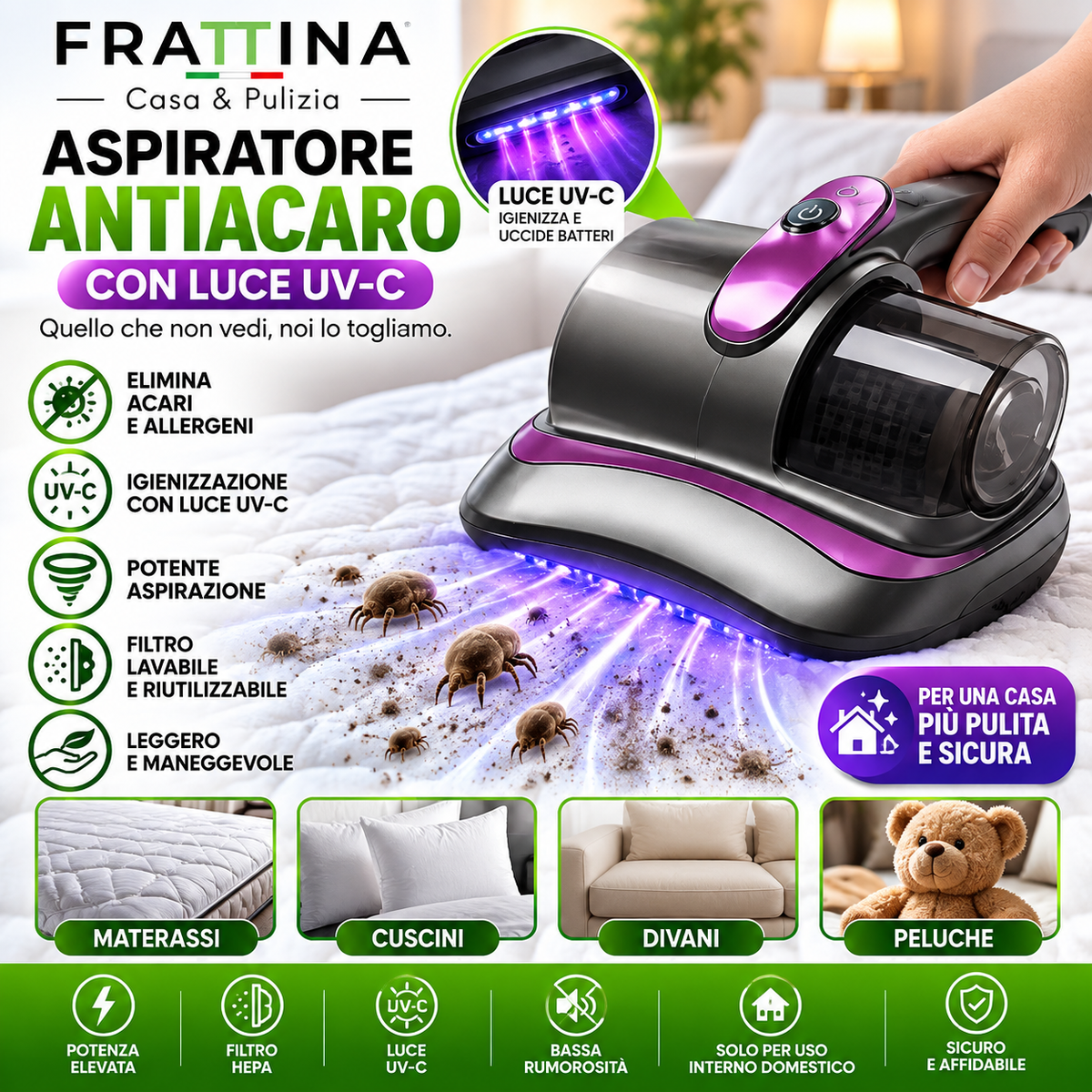 Aspiratore Antiacaro UV-C per Materassi, Divani, Cuscini e Tessuti – Pulizia Profonda ad Alta Potenza 3