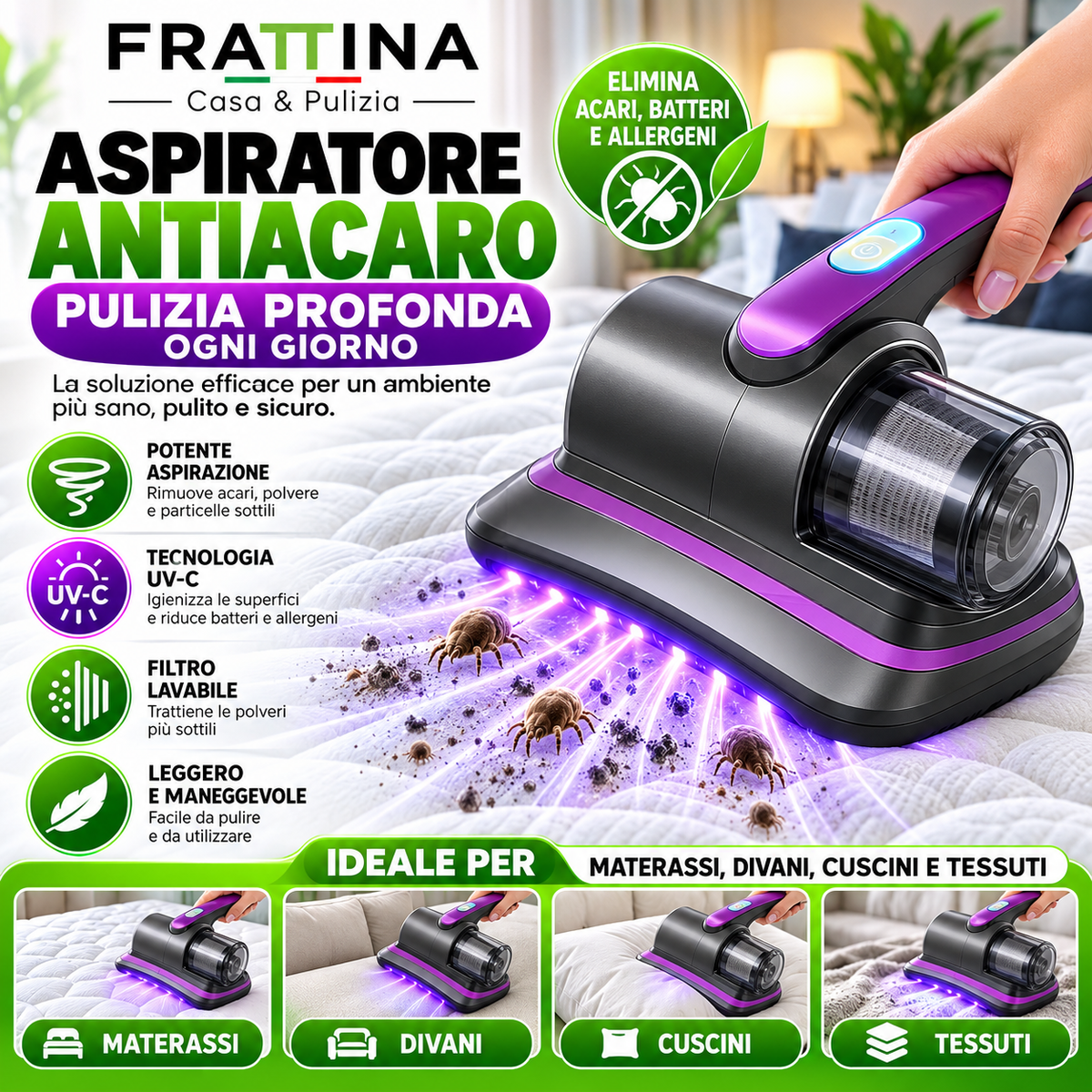 Aspiratore Antiacaro UV-C per Materassi, Divani, Cuscini e Tessuti – Pulizia Profonda ad Alta Potenza 4