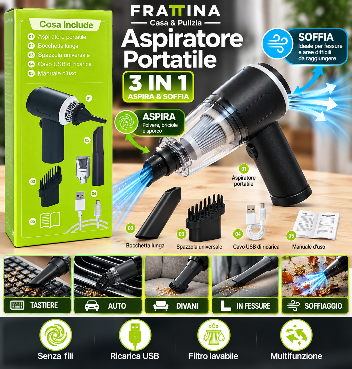 Aspiratore Portatile 3 in 1 Senza Fili – Aspira e Soffia con Accessori Inclusi 3