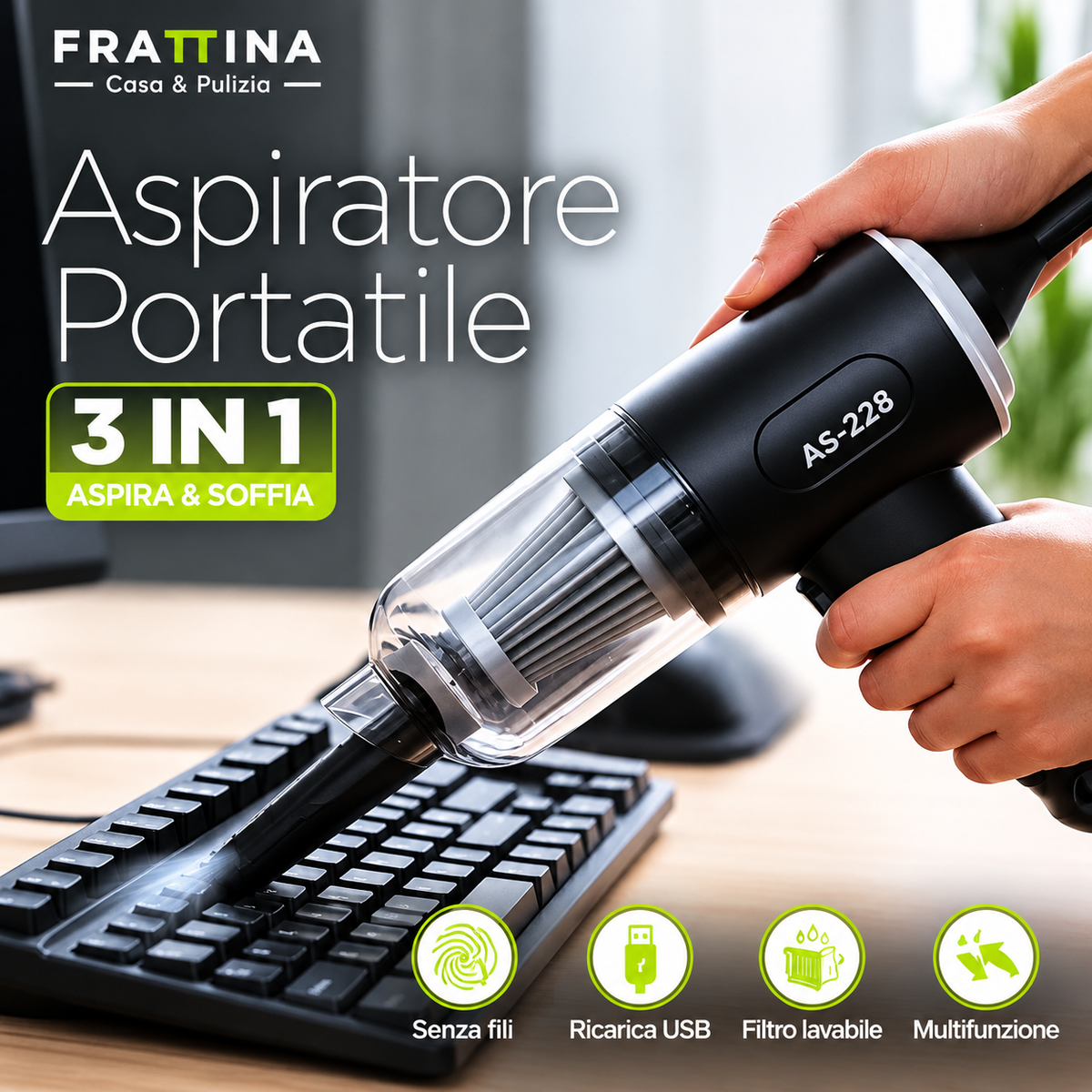 Aspiratore Portatile 3 in 1 Senza Fili – Aspira e Soffia con Accessori Inclusi 1