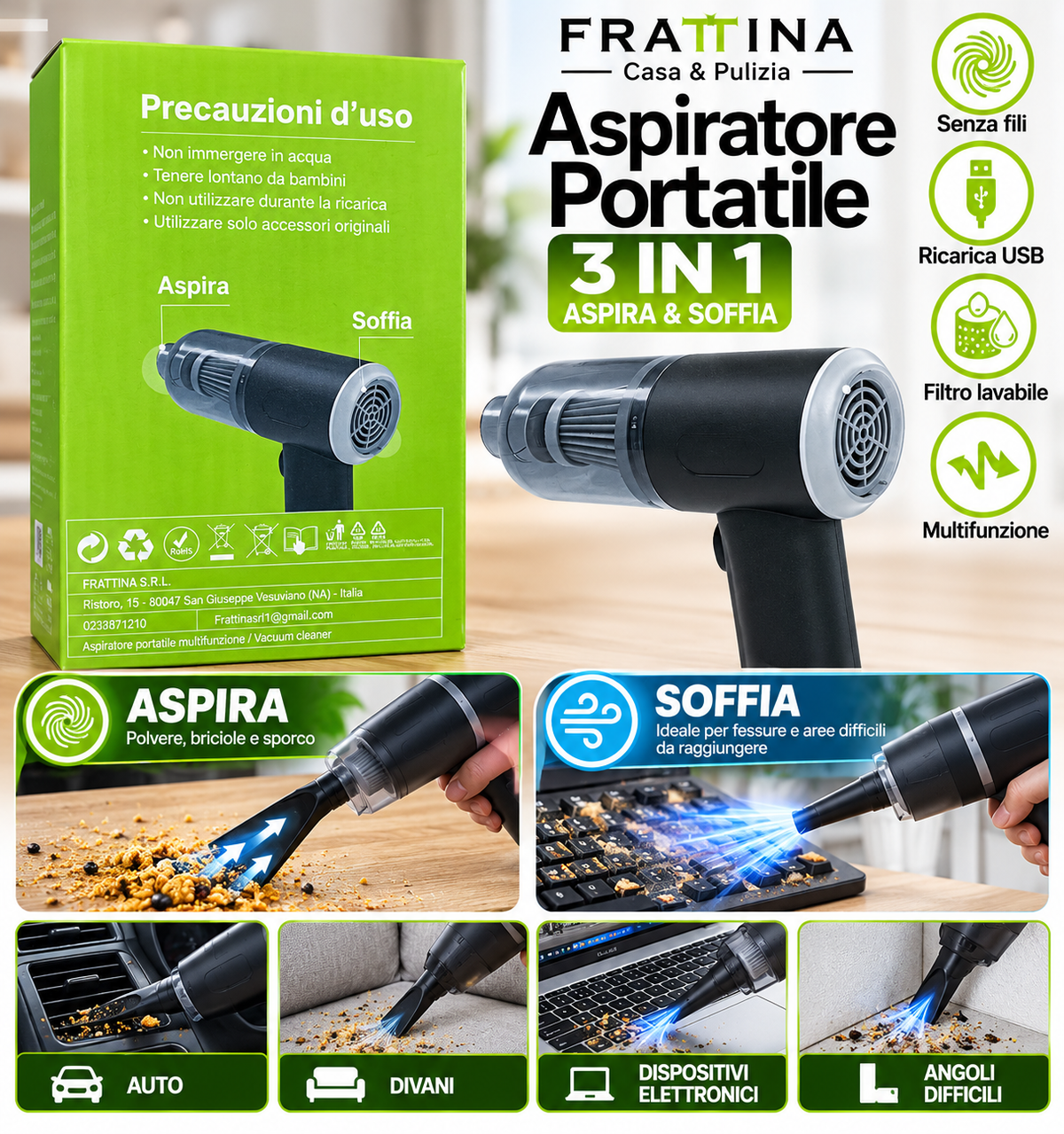 Aspiratore Portatile 3 in 1 Senza Fili – Aspira e Soffia con Accessori Inclusi 4