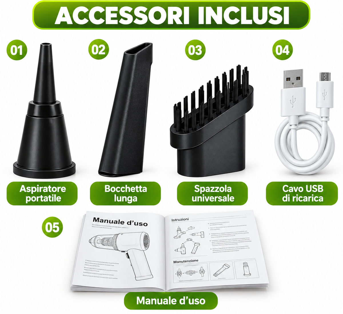 Aspiratore Portatile 3 in 1 Senza Fili – Aspira e Soffia con Accessori Inclusi 5