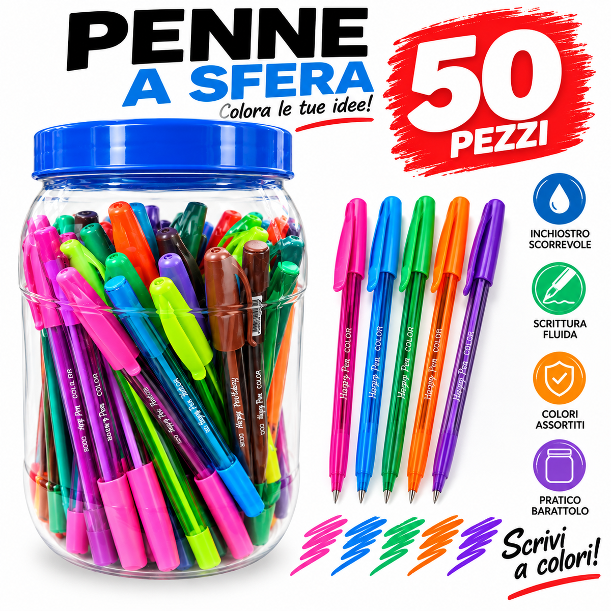 50 Penne a Sfera Colorate – Barattolo Multicolore