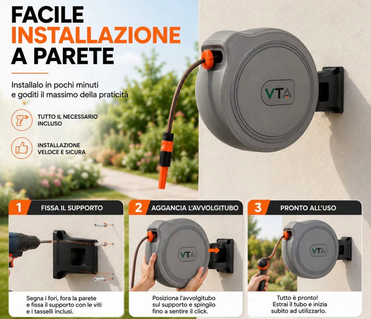 Avvolgitubo da Parete 15/25/30 Metri con Riavvolgimento Automatico, Tubo Acqua in PVC 1/2", Staffa Orientabile 180°, Lancia Multifunzione 9 Getti, Irrigazione Giardino e Lavaggio Auto 5
