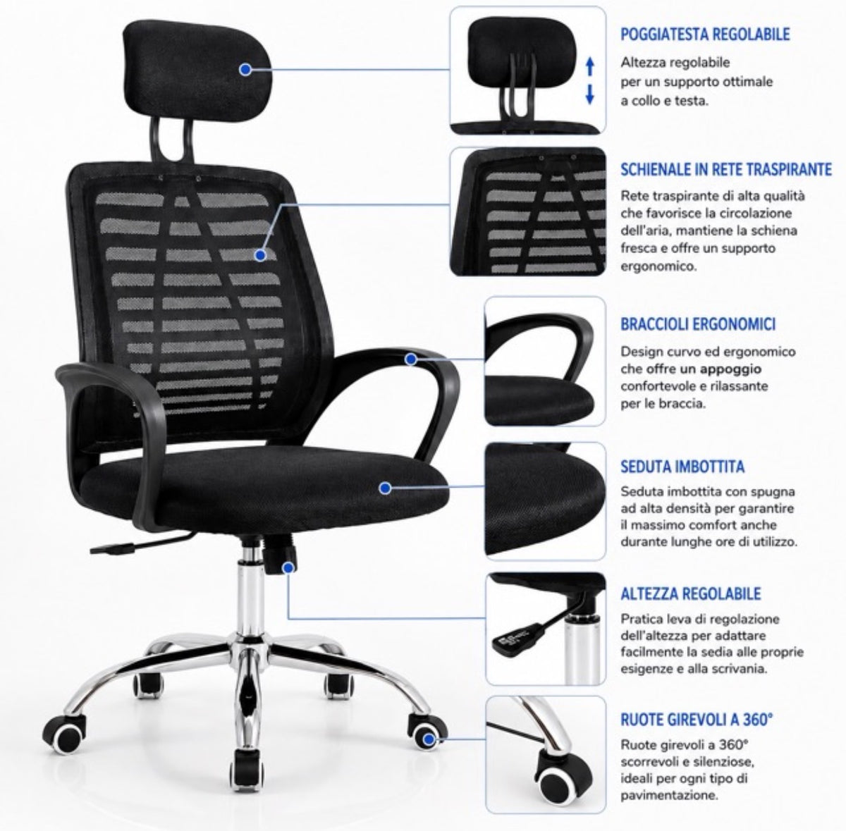 Sedia da Ufficio Ergonomica con Poggiatesta Regolabile Seduta Imbottita Poltrona 8