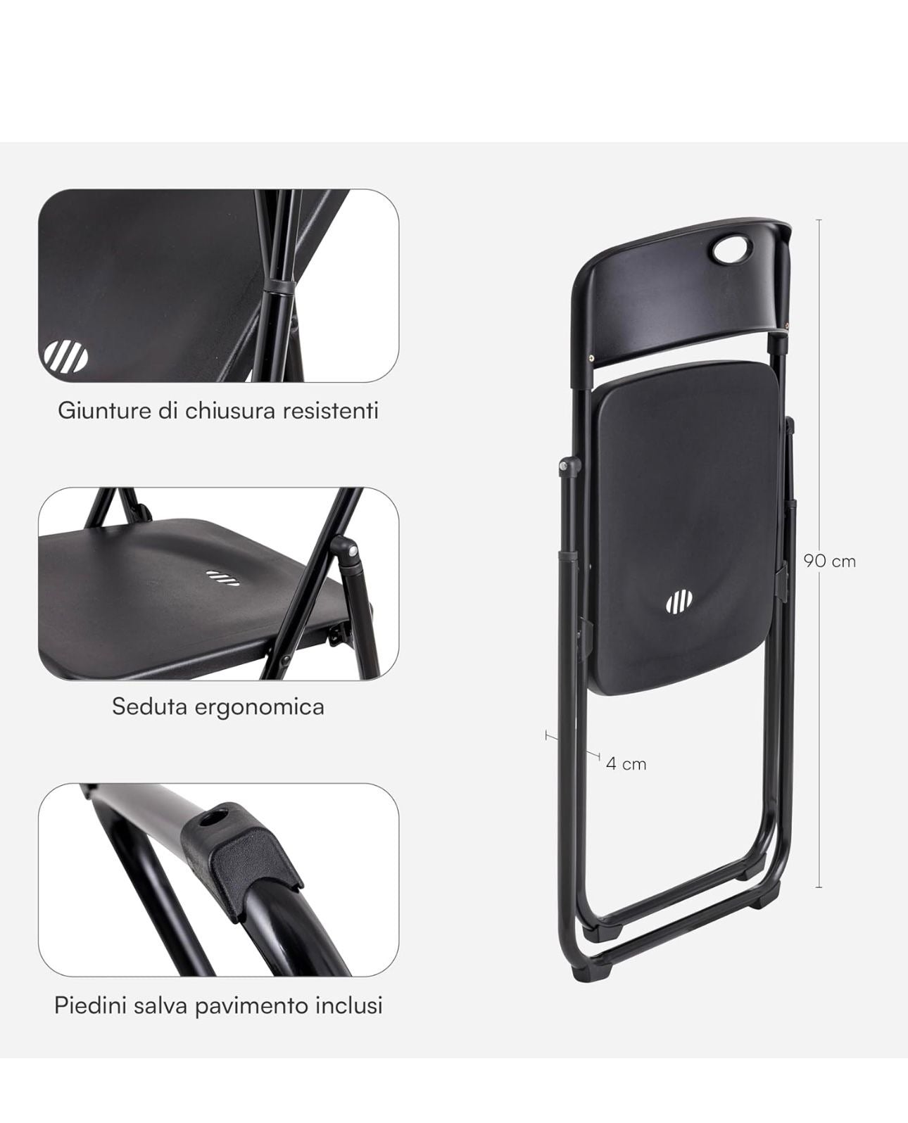Sedia Pieghevole con Struttura 
in Acciaio e PVC, 
Seduta Salvaspazio Richiudibile con Piedini e Maniglia, 
da Viaggio, Cucina, Soggiorno, Camera da Letto, 
Misura = 74x43x49 cm