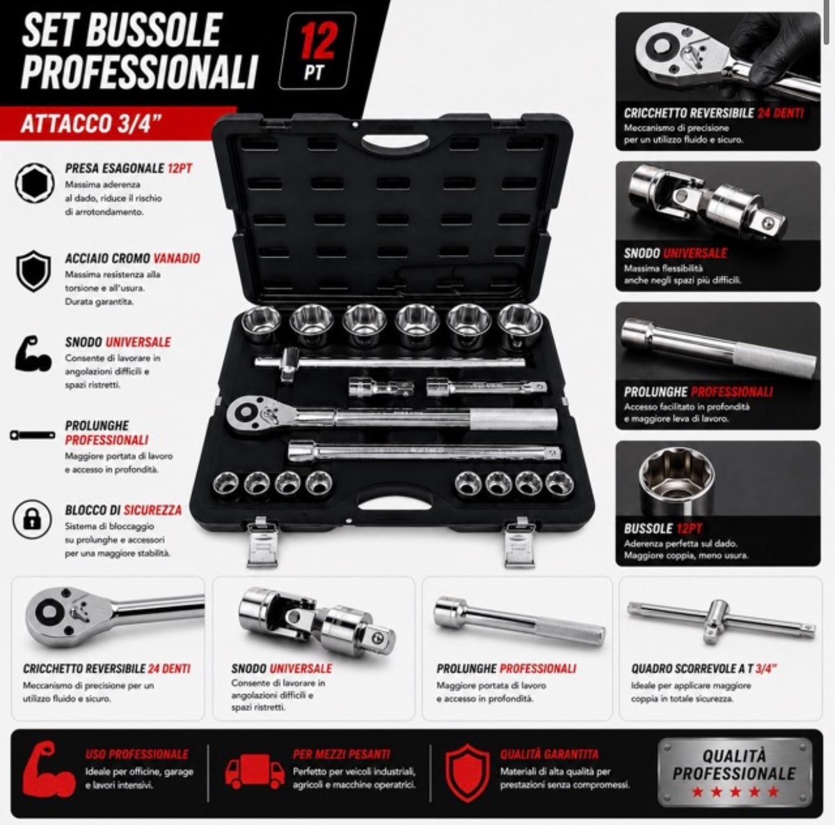Set Bussole 21 Pezzi 3/4 12 Punte Professionale, Chiavi a Bussola in Acciaio 3