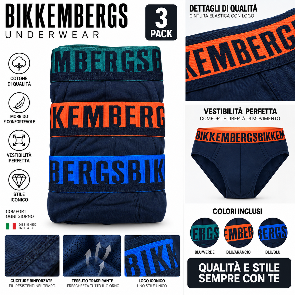 Bikkembergs Uomo Slip 3 Pack – Intimo Maschile in Cotone, 3 Slip con Elastico Logato, Comfort e Vestibilità, Taglie S-XXL 21024T 2