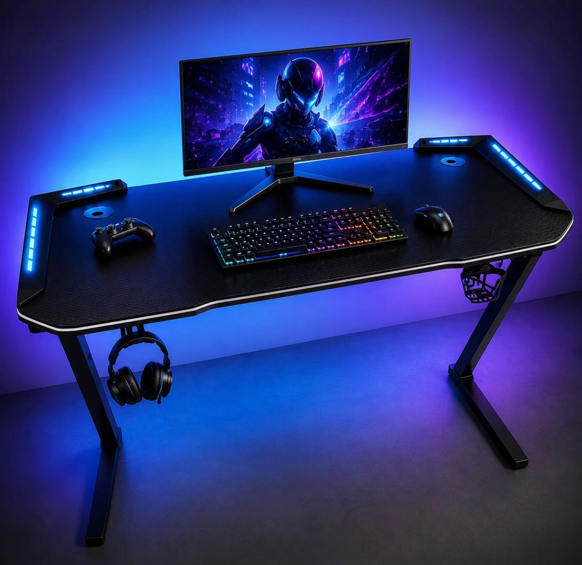 Scrivania Gaming 120x60 cm con Luci LED RGB, Tavolo da Gaming per PC e Console, Struttura in Acciaio, Portacuffie e Portabicchieri, 2 Passacavi, Capacità di Carico 100 kg 3