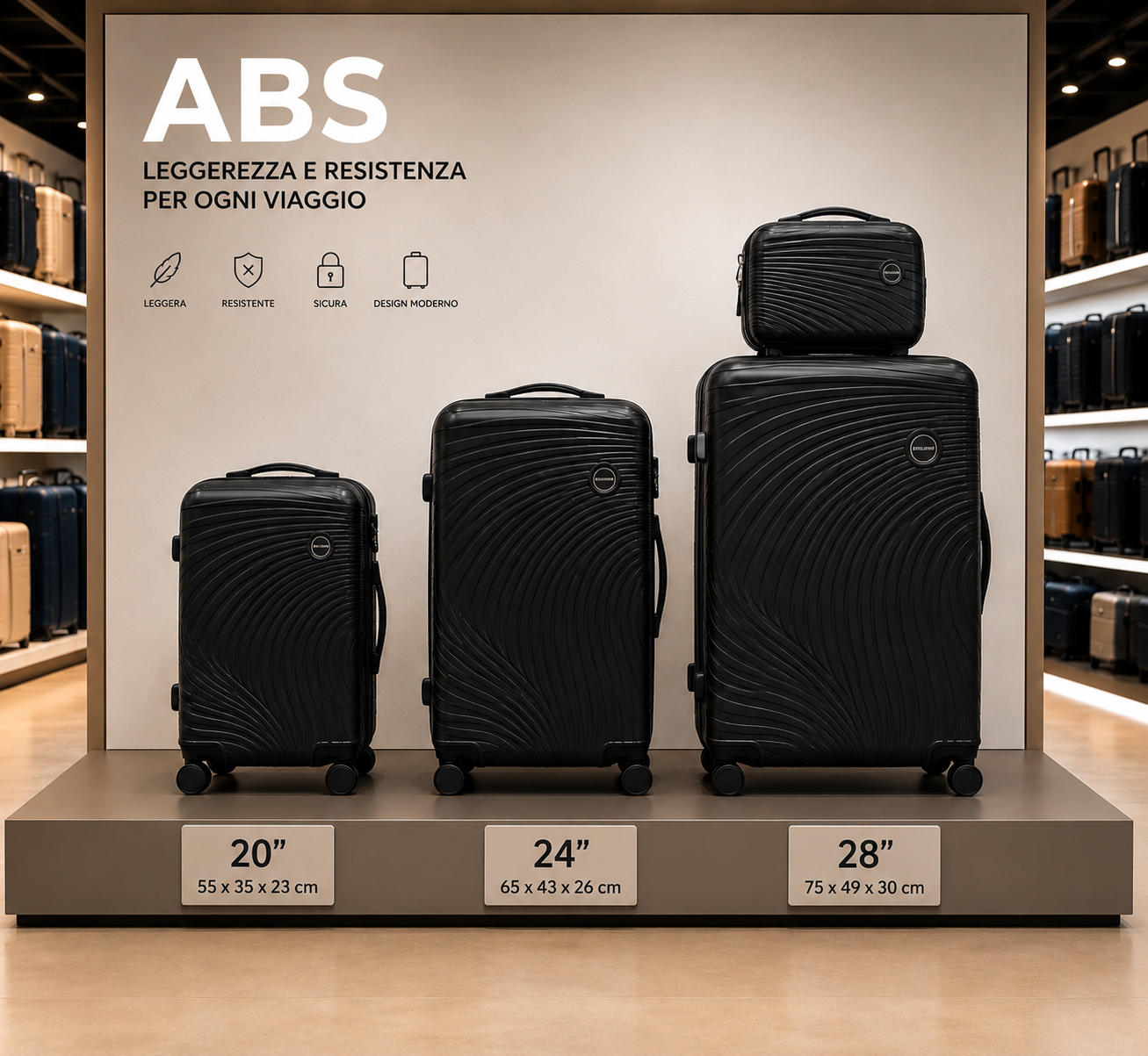 Set Completo Valigie Viaggio 4 Pezzi ABS Rigido con Beauty Case e Trolley Cabina