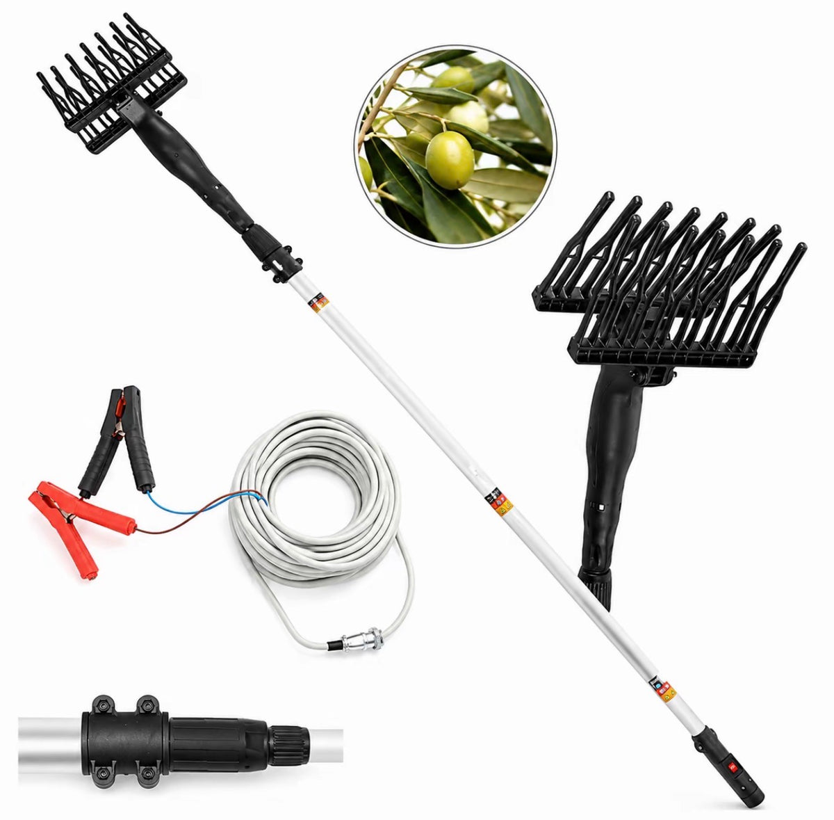 Abbacchiatore Elettrico Scuotolive 12V 400W, Fino a 1000 Battiti/Min, Asta Telescopica in Alluminio 2,10–3,10 m, Pettini in ABS, Cavo 12 m con Pinze, Raccoglitore per Olive e Frutta