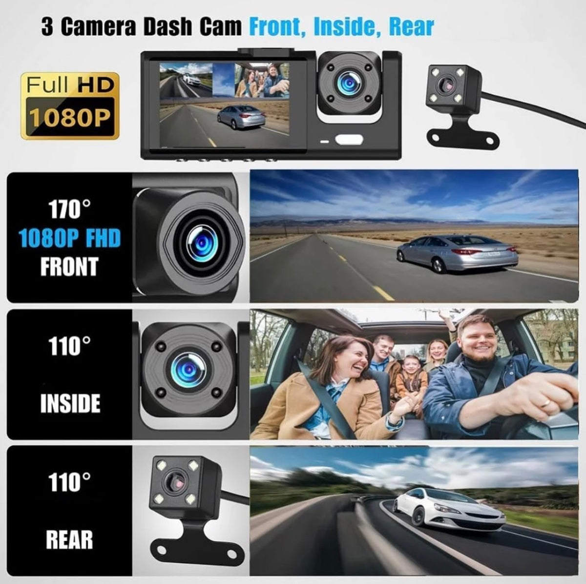 Dash Cam per Auto con 3 Telecamere, Monitor LCD, Visione Notturna, Supporto per Parabrezza, Nero 3