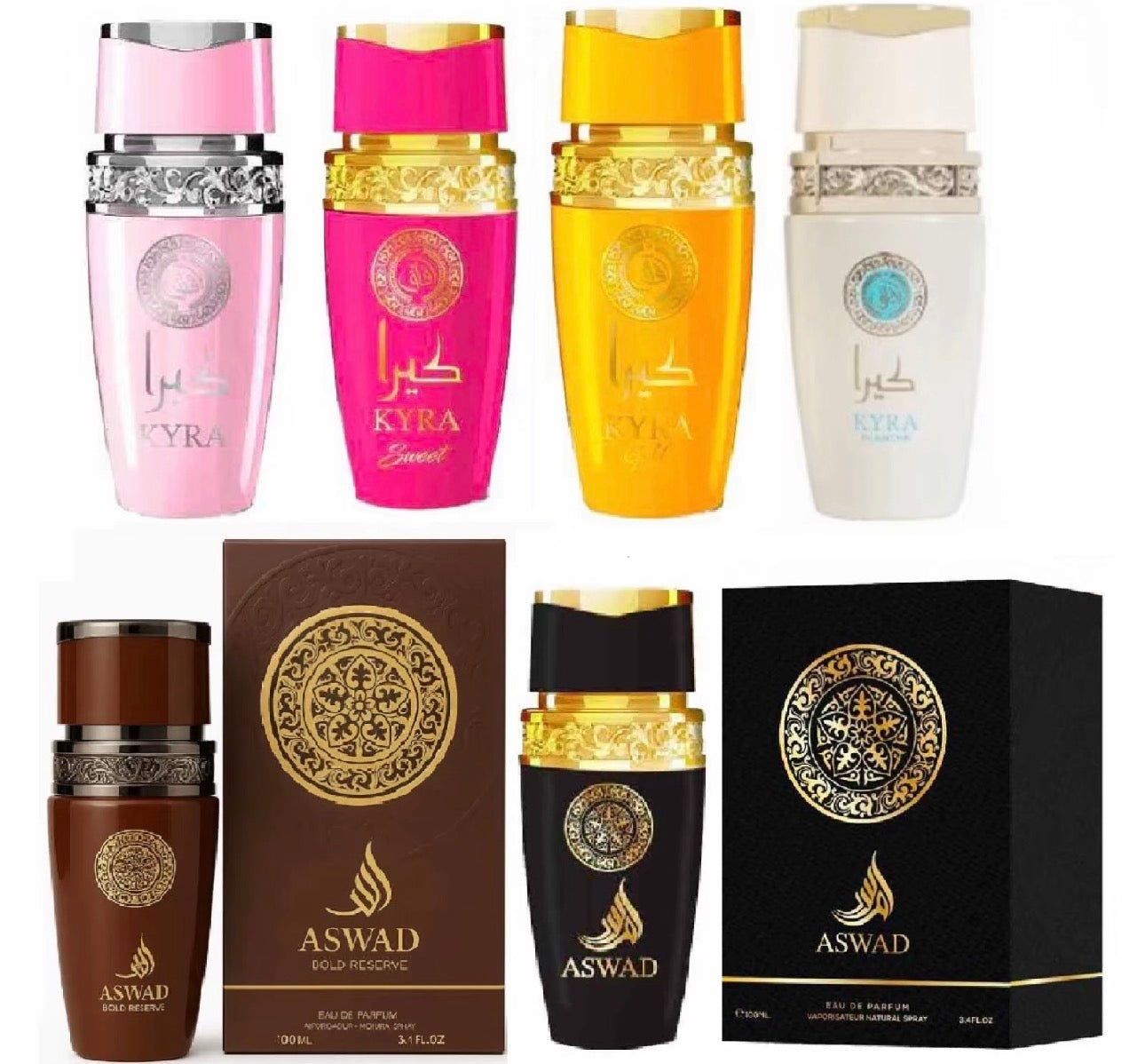 AFAQ Profumo Arabo da Donna Kyra Gold Candy Sweet Pink Sweet Rosa Blanche 100ml - ASWAD Profuimo da Uomo Aswad Black Bold Reserv