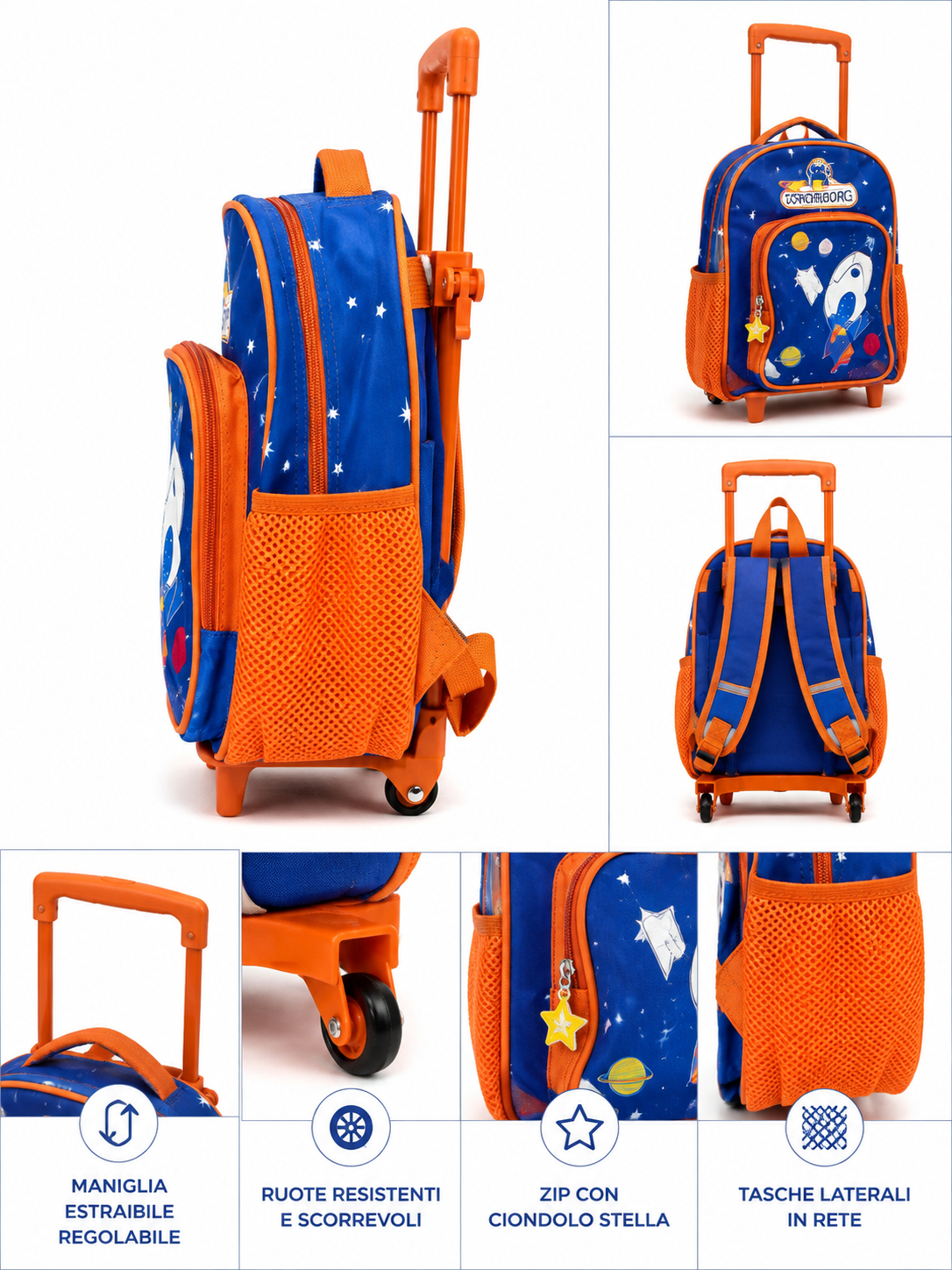 Zaino Trolley Bambini Spaceborg con Ruote – Zaino Scuola con Manico Estraibile Regolabile, Spallacci Imbottiti, Tasche Laterali in Rete e Ampio Scomparto – Blu e Arancione