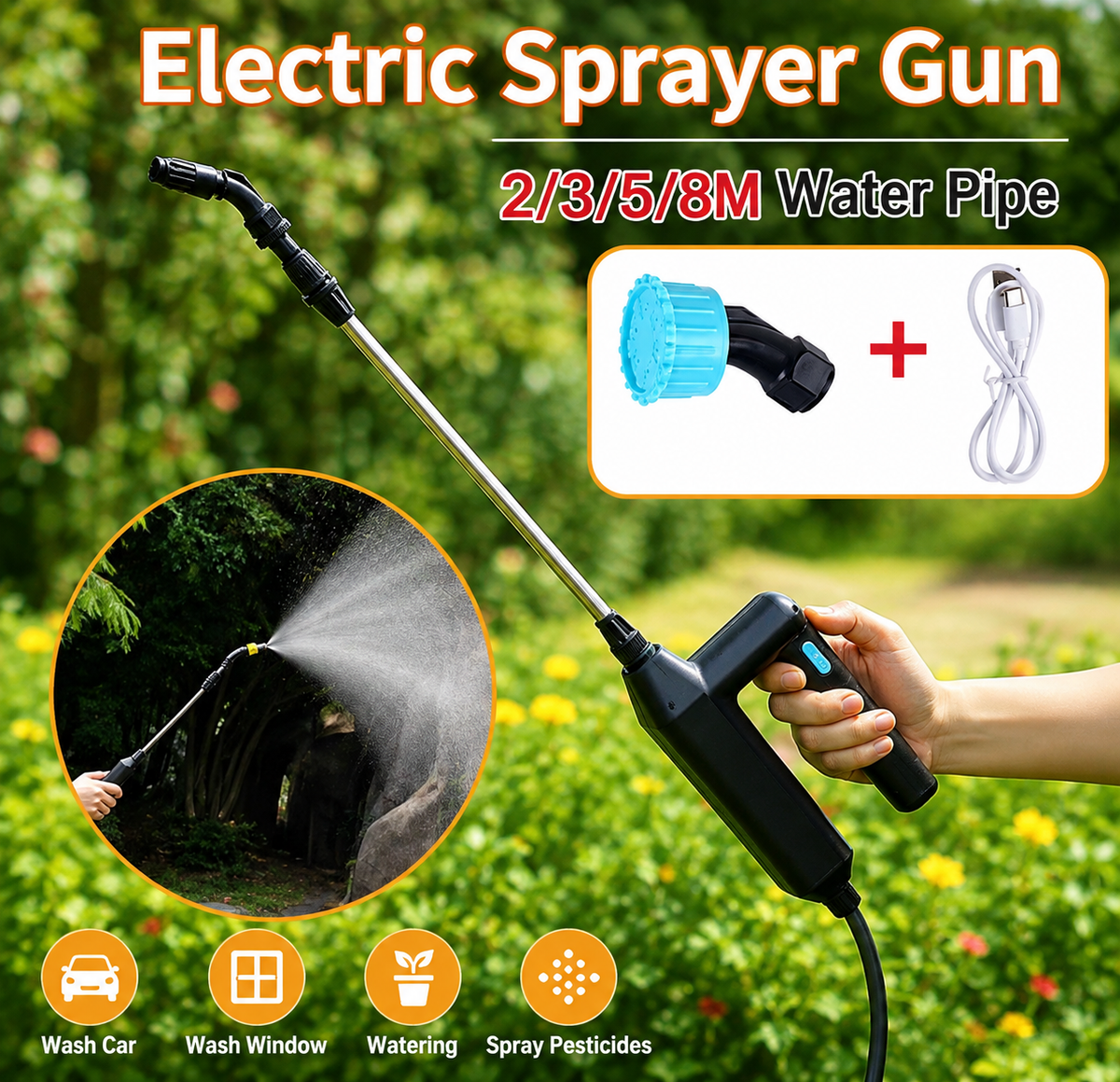 Idropulitrice Portatile Elettrica con Lancia Spray Estensibile, Pistola Lavaggio Multiuso con Tubo Flessibile, Ugelli Intercambiabili e Cavo USB – Per Auto, Finestre, Giardino, Piante e Pulizia Esterna 4