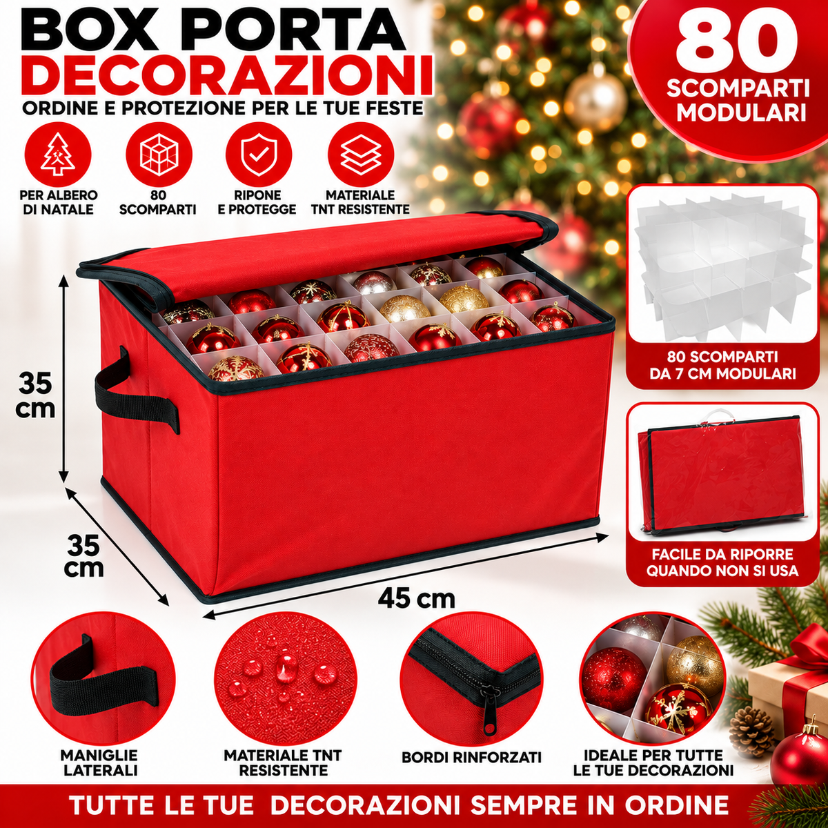 Box Porta Palline Natalizie 45x35x35 cm in TNT con 80 Scomparti Modulari – Contenitore per Addobbi e Decorazioni di Natale – Separatore da 7 cm – Salvaspazio