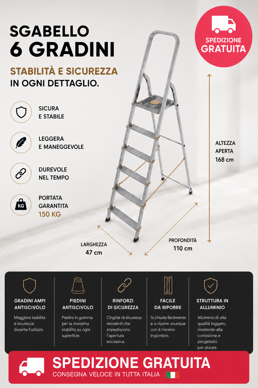 Scala Professionale in Alluminio 6 Gradini – Piattaforma Antiscivolo, Portata 150 kg 1