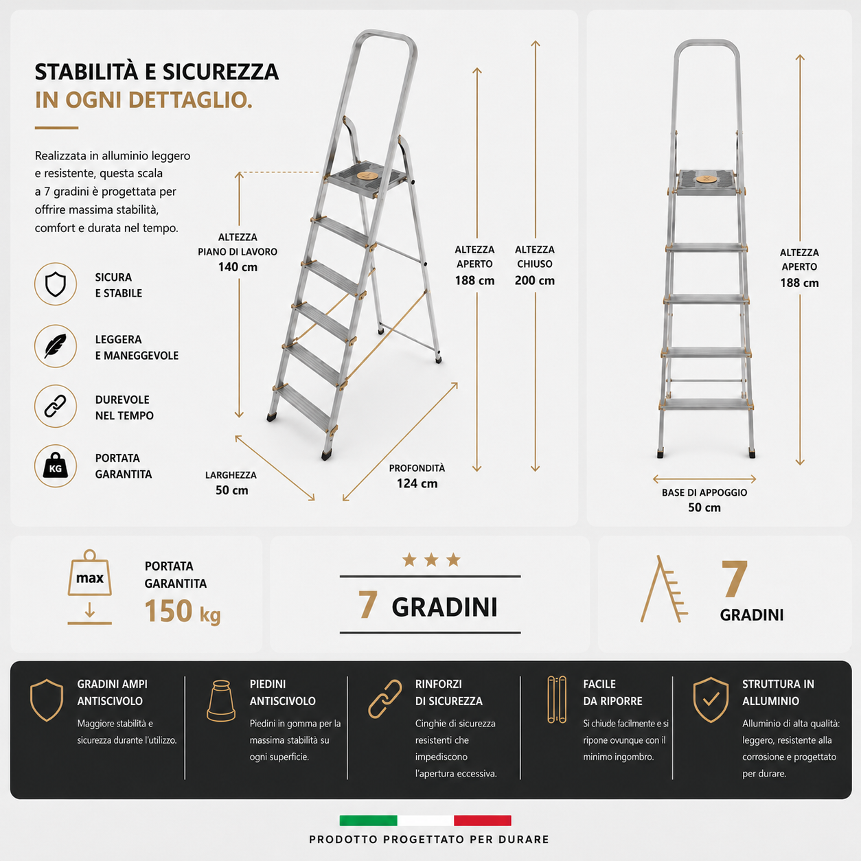 Scala Professionale in Alluminio 7 Gradini – Piattaforma Antiscivolo, Portata 150 kg 2