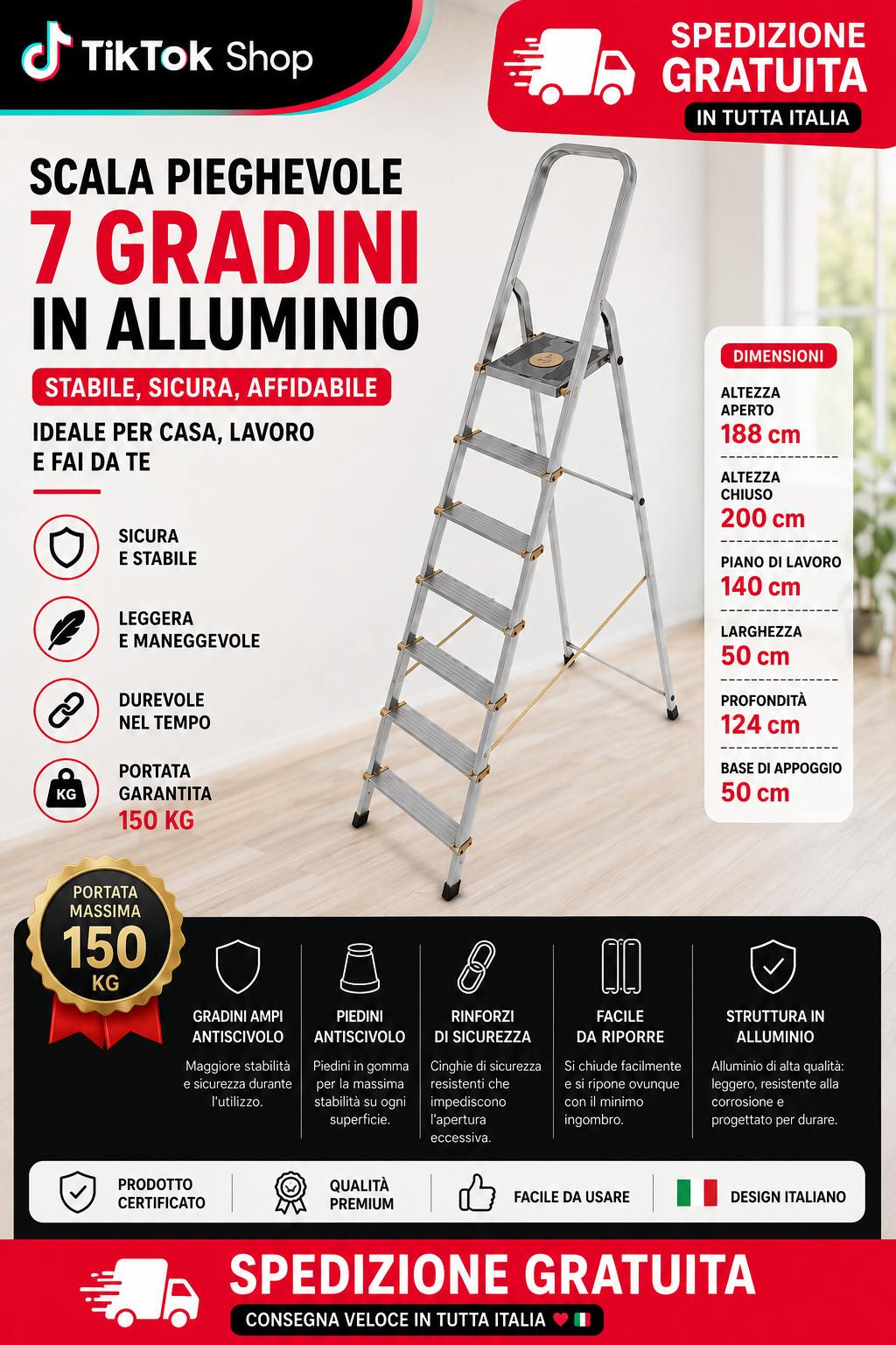 Scala Professionale in Alluminio 7 Gradini – Piattaforma Antiscivolo, Portata 150 kg 1