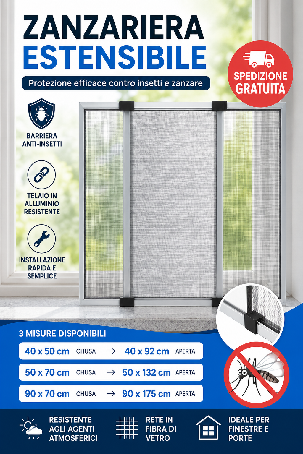 Zanzariera Estensibile Telaio Alluminio Tapparella Finestra Balcone Porta 2