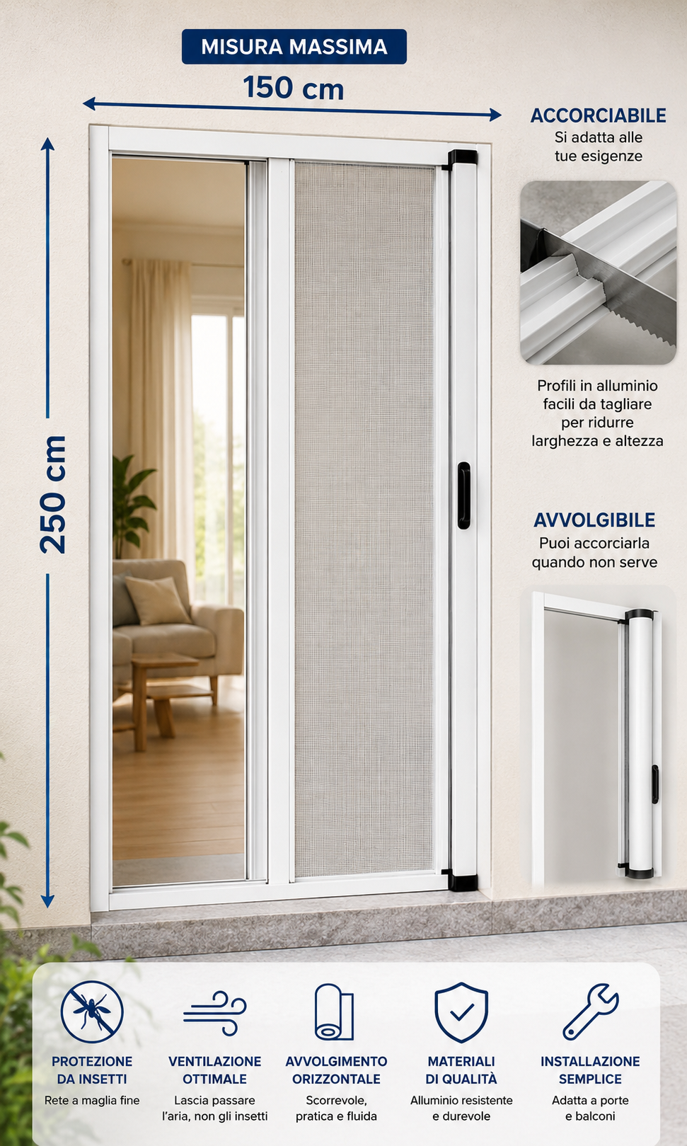 Zanzariera a Rullo per Porte e Balconi 150x250 cm  Telaio in Alluminio Riducibile e Regolabile. 2