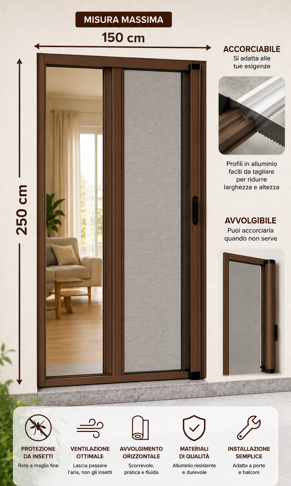Zanzariera a Rullo per Porte e Balconi 150x250 cm  Telaio in Alluminio Riducibile e Regolabile. 3