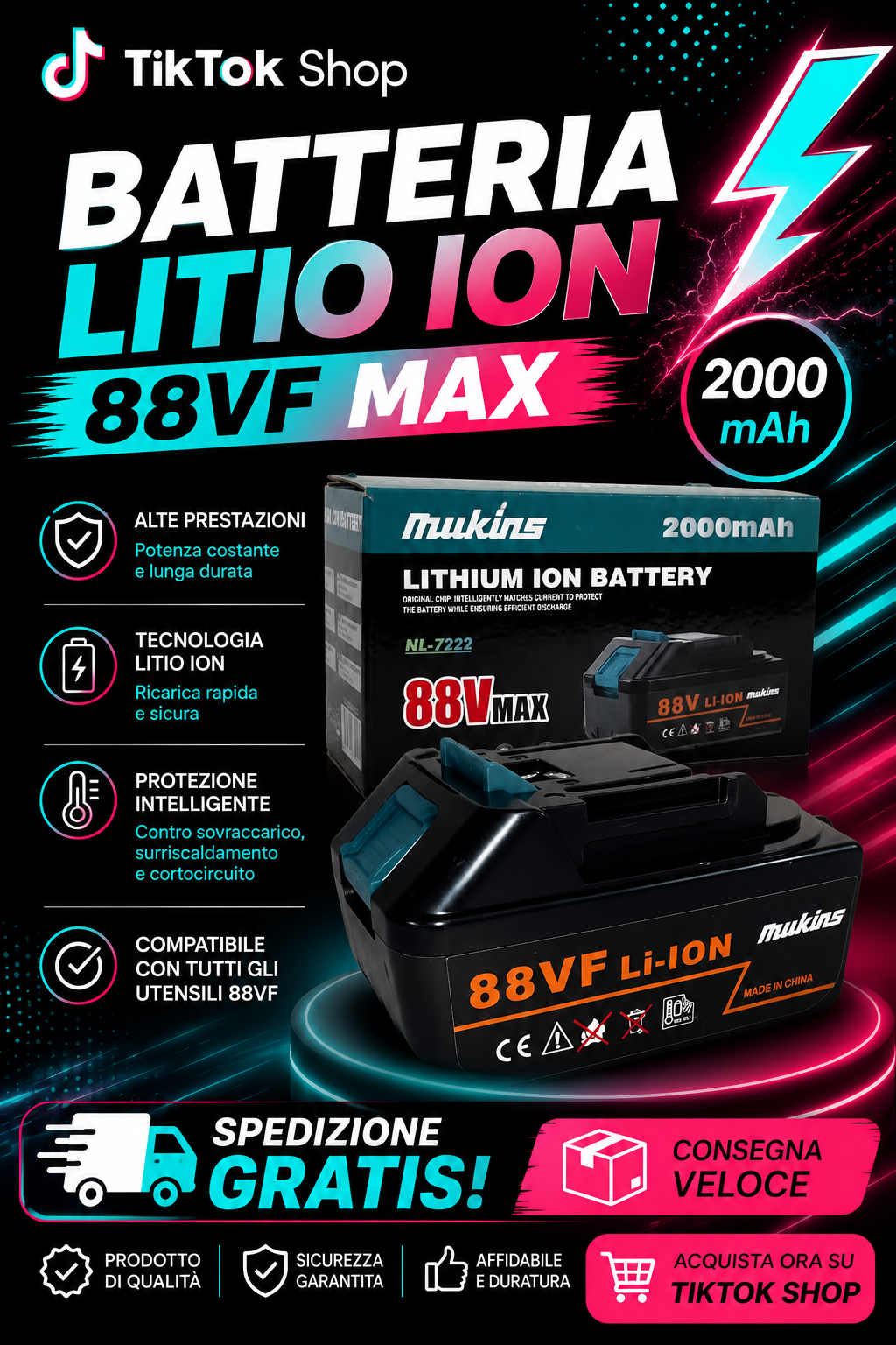 Batteria 88VF 2000mAh, Batteria di Ricambio al Litio per Forbice Potatura, Motoseghe, Trapano, Avvitatore, Altri Attrezzi da Giardino, 88V, Compatibile con Asta Prolunga 1