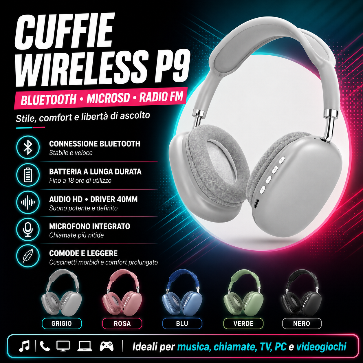 Cuffie Wireless P9 Bluetooth 5.1 con MicroSD, Radio FM e Microfono Integrato 1