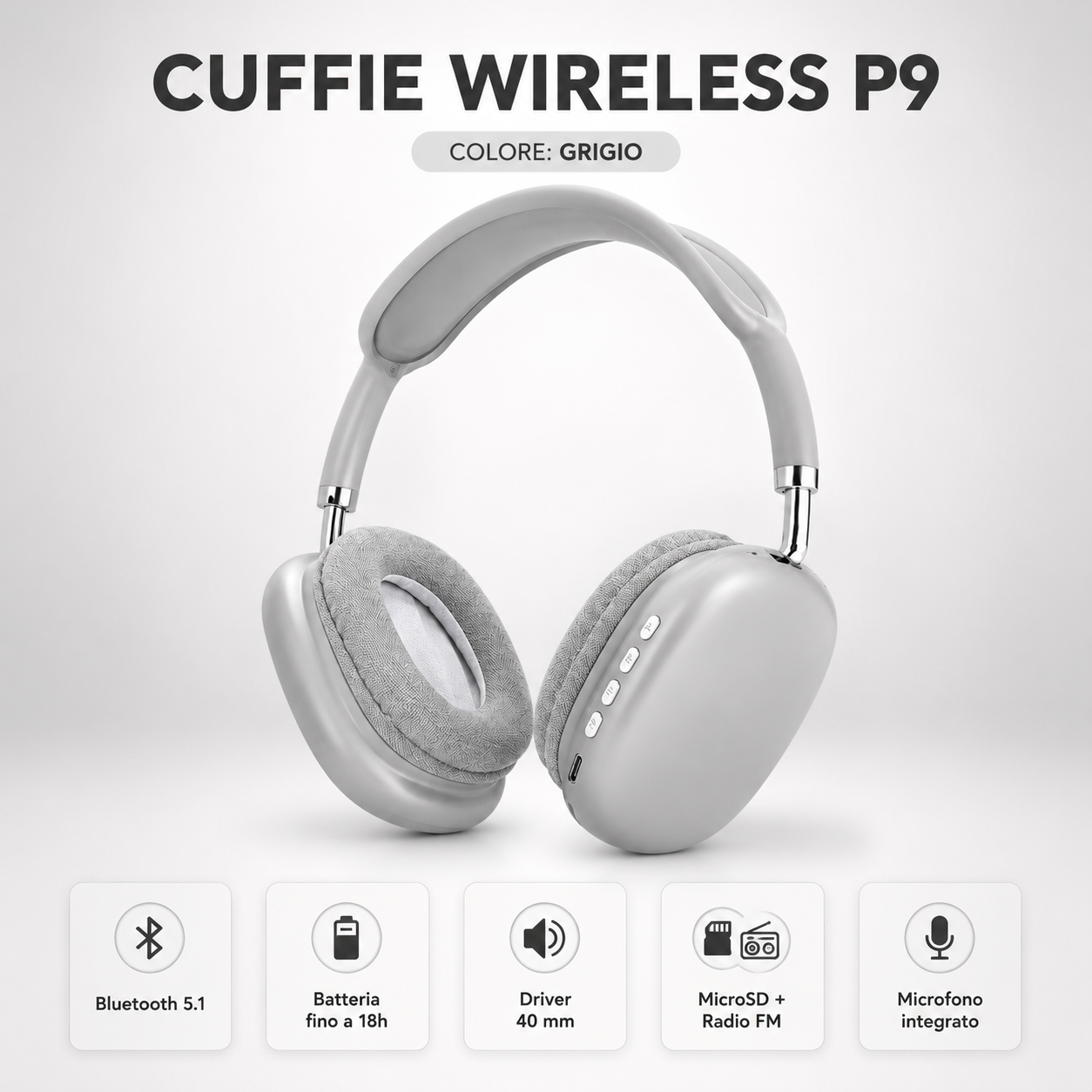 Cuffie Wireless P9 Bluetooth 5.1 con MicroSD, Radio FM e Microfono Integrato 2