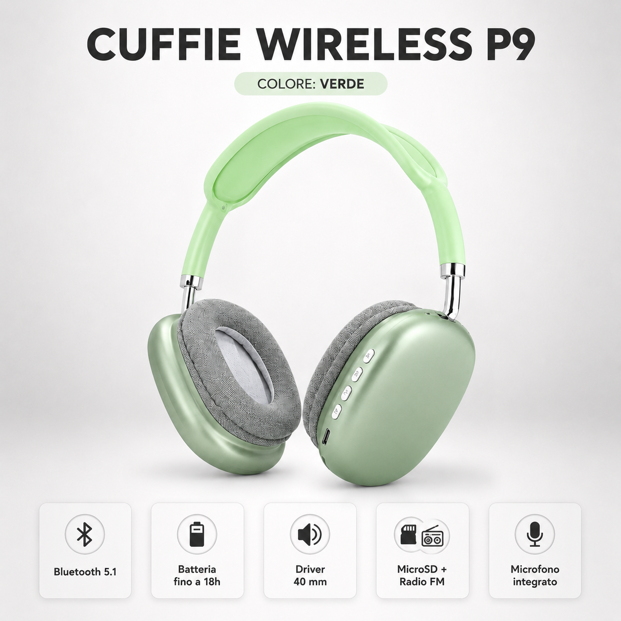 Cuffie Wireless P9 Bluetooth 5.1 con MicroSD, Radio FM e Microfono Integrato 4