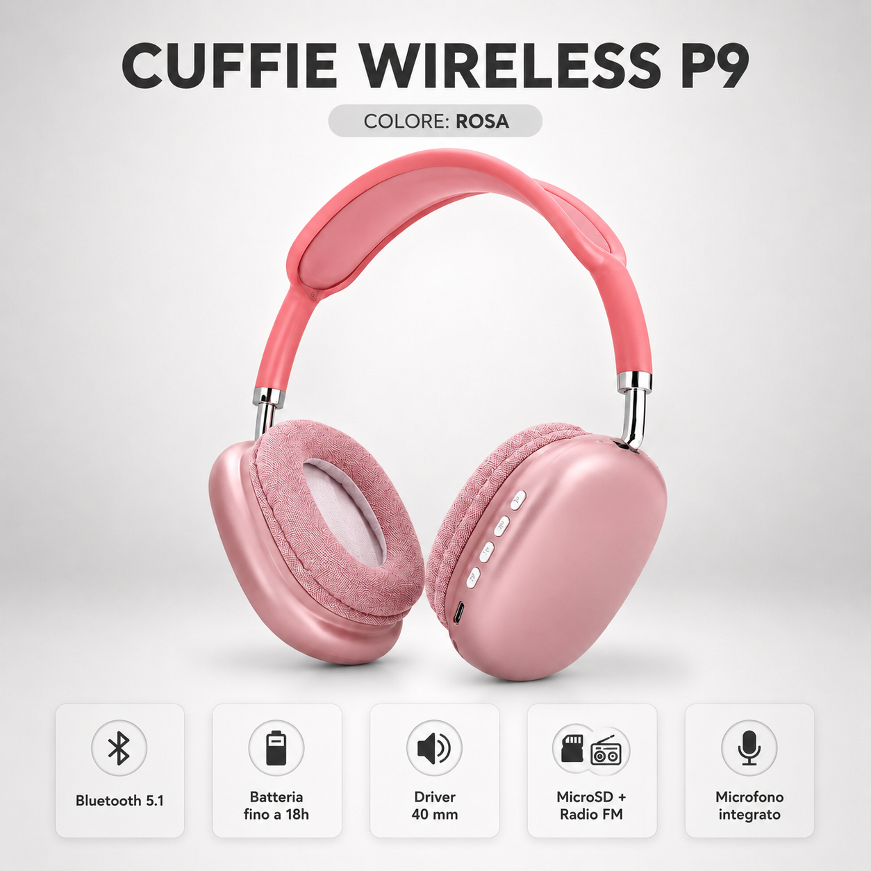 Cuffie Wireless P9 Bluetooth 5.1 con MicroSD, Radio FM e Microfono Integrato 5