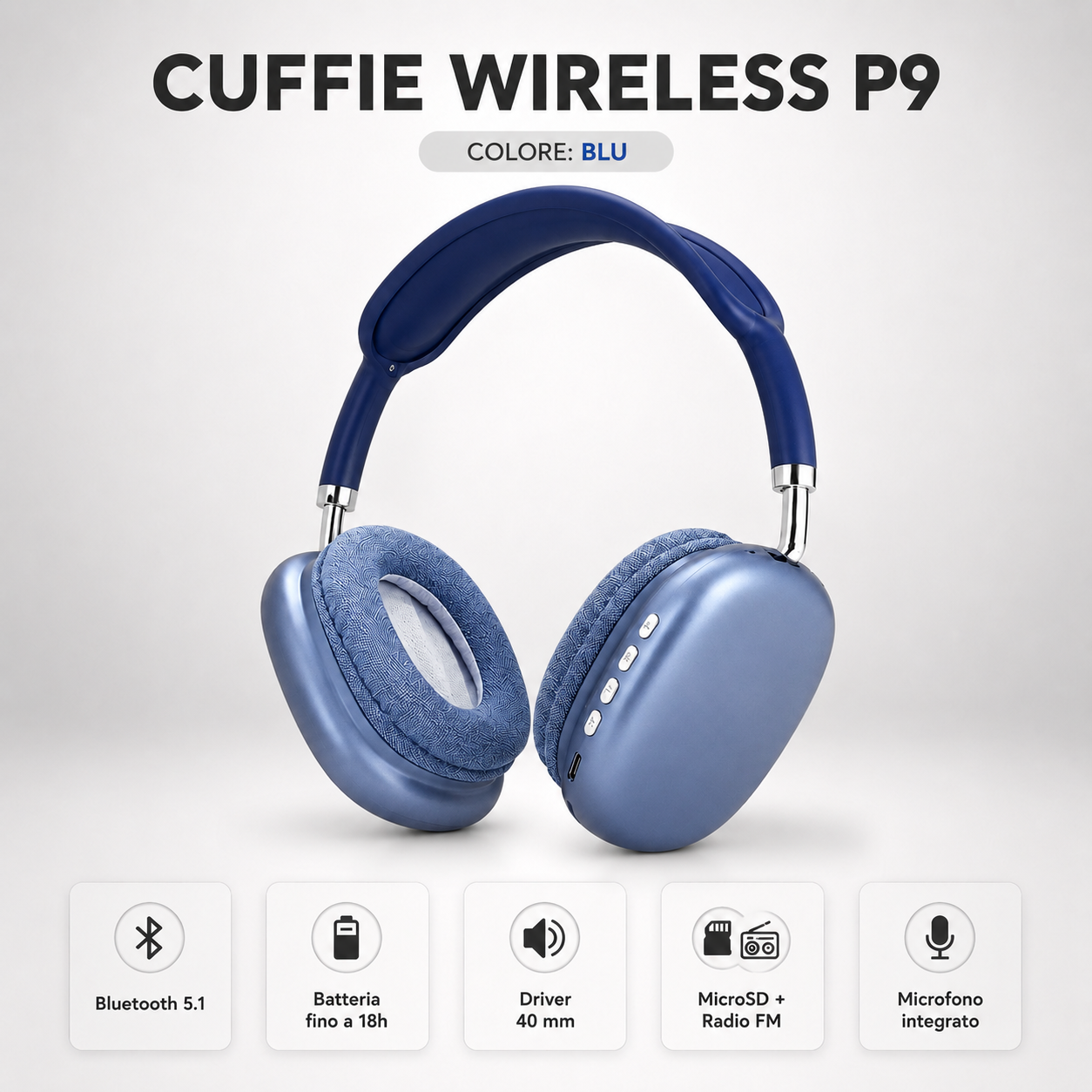 Cuffie Wireless P9 Bluetooth 5.1 con MicroSD, Radio FM e Microfono Integrato 6