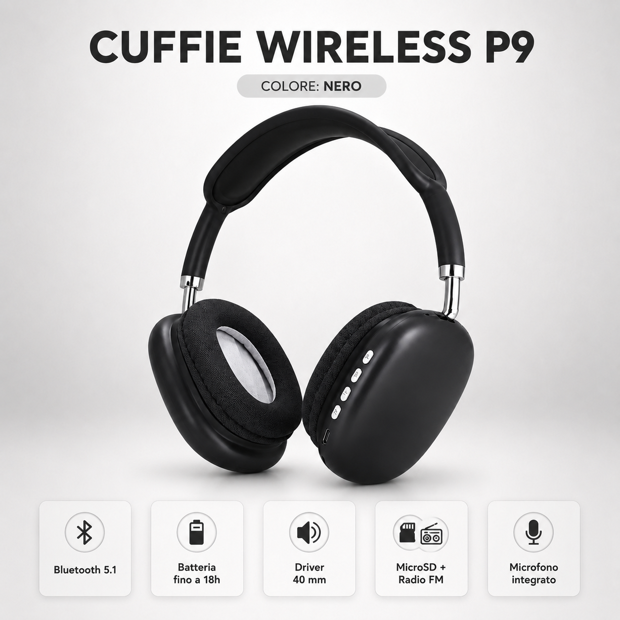 Cuffie Wireless P9 Bluetooth 5.1 con MicroSD, Radio FM e Microfono Integrato 3