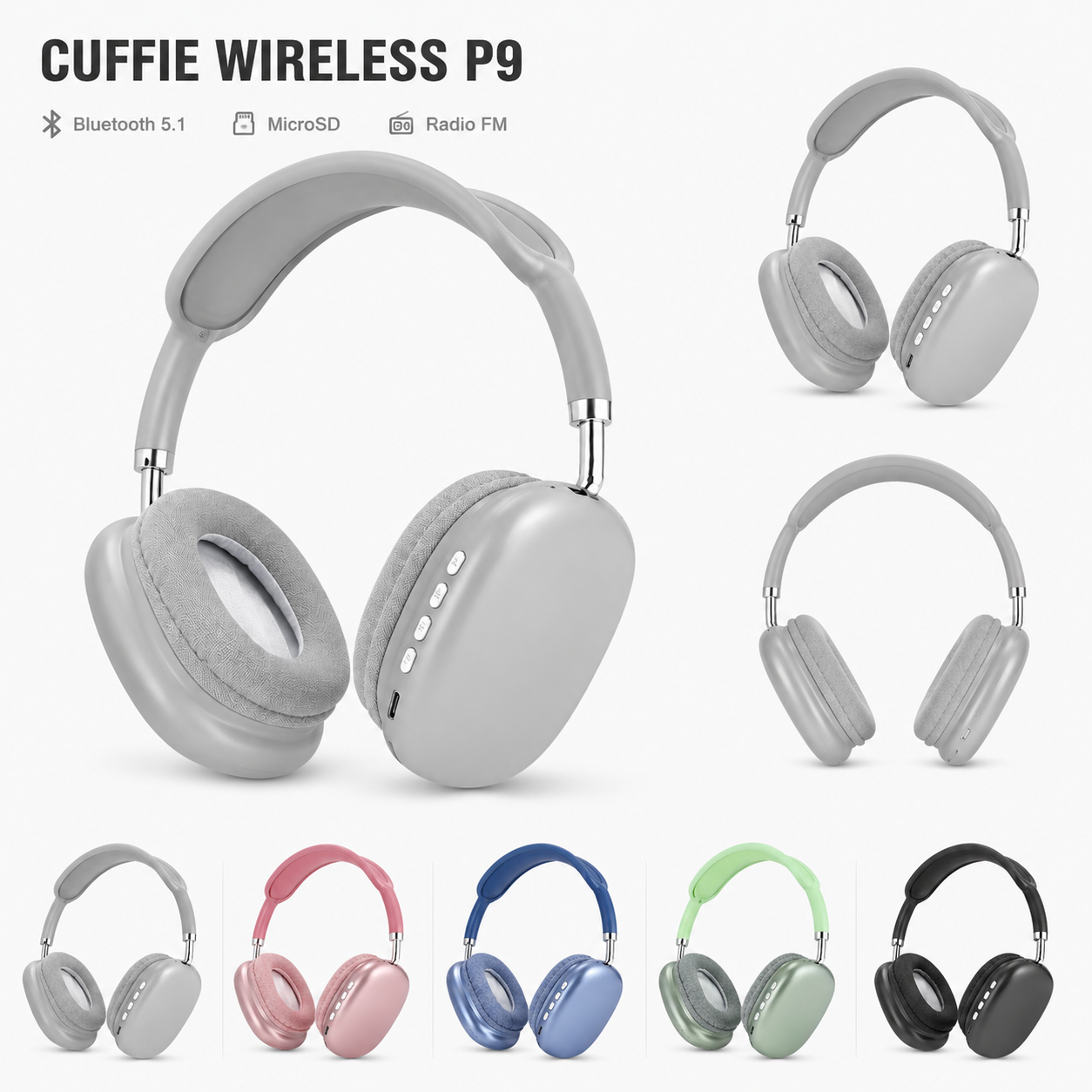 Cuffie Wireless P9 Bluetooth 5.1 con MicroSD, Radio FM e Microfono Integrato 7