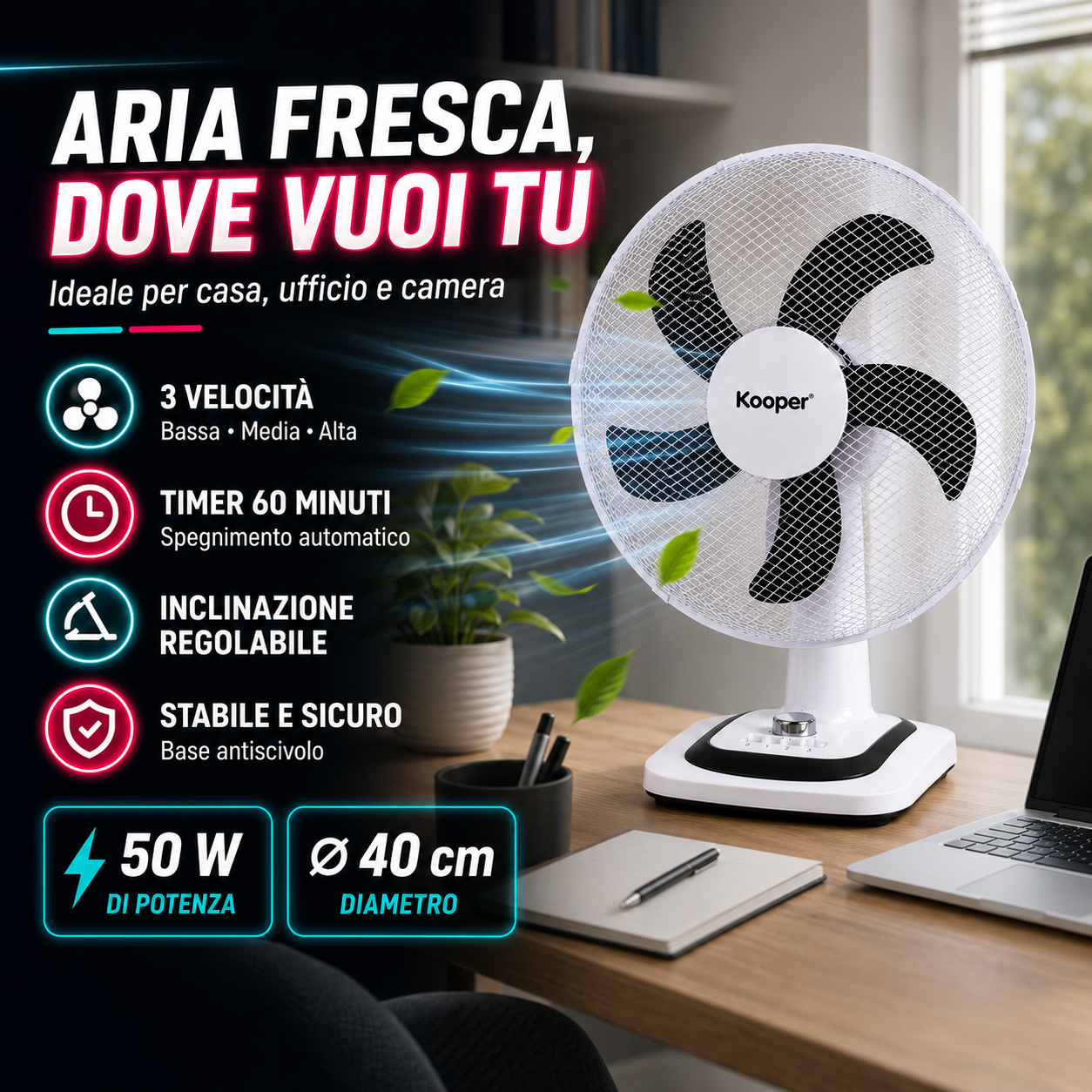 Ventilatore Kooper da Tavolo Ø 40 cm 50W con 3 Velocità e Timer 60 Minuti 2