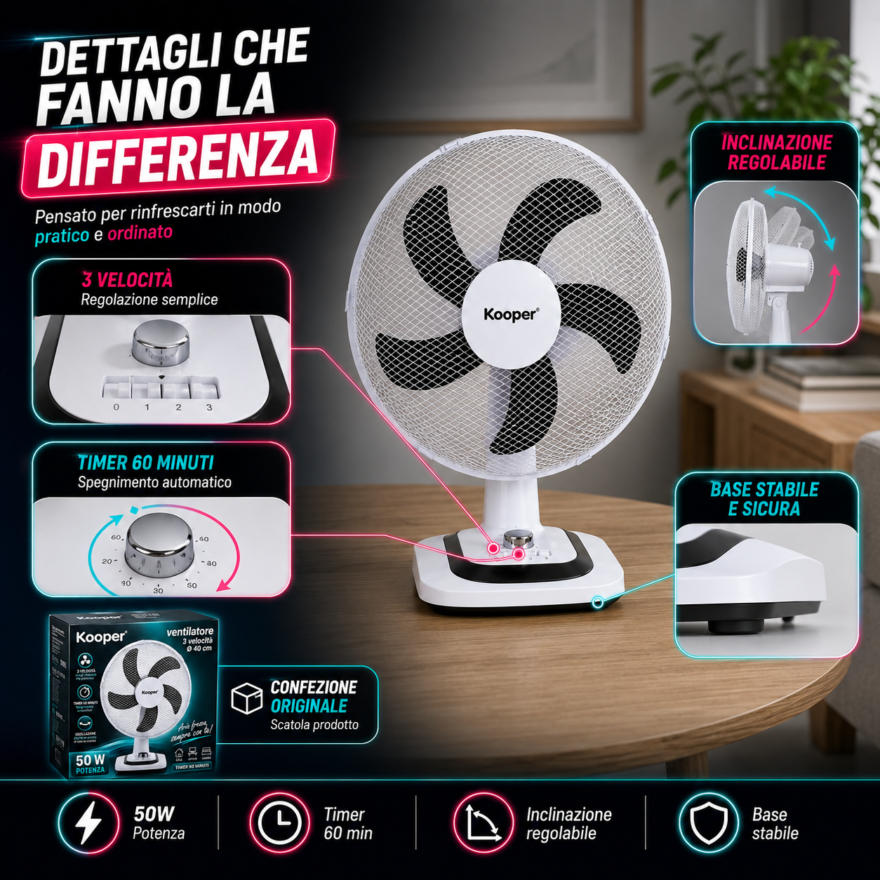 Ventilatore Kooper da Tavolo Ø 40 cm 50W con 3 Velocità e Timer 60 Minuti 3